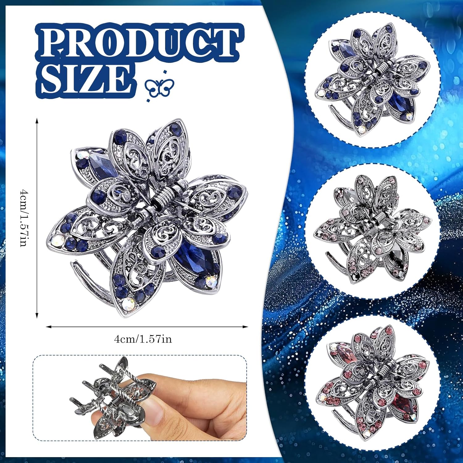 3 Pack Crystal Hair Clips, 1.6 In Metal Rhinestone Claw Clips, Non-Slip Vintage Flower Jaw Clip, Bling Hair Clip Accessories for Women Girls, Grey - Image 2