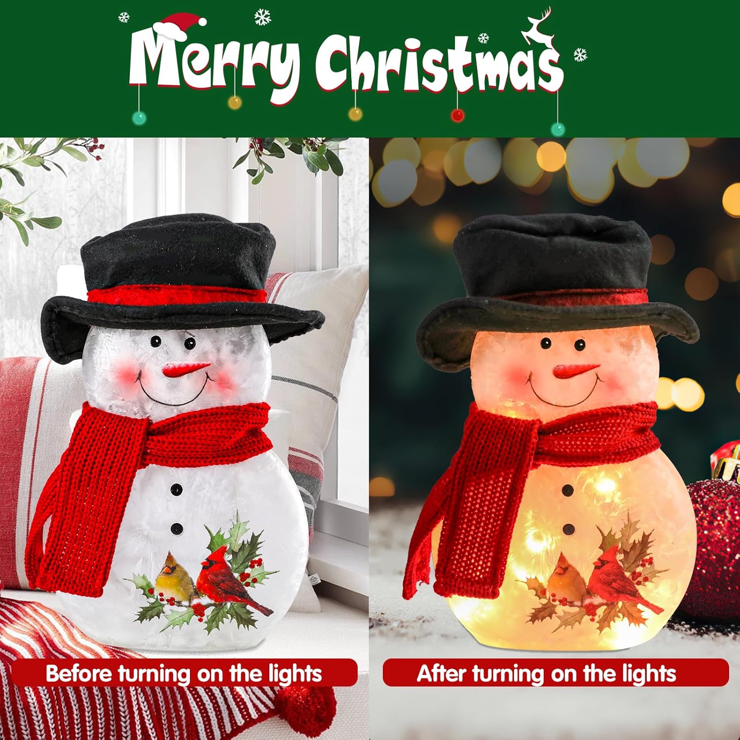 Yinns Lighted Christmas Snowman Lamp, Glass LED Light up Snowman Decor with Hand Painted, Christmas Decorations Night Light with Hat and Scarf, Xmas Holidays Home Decor