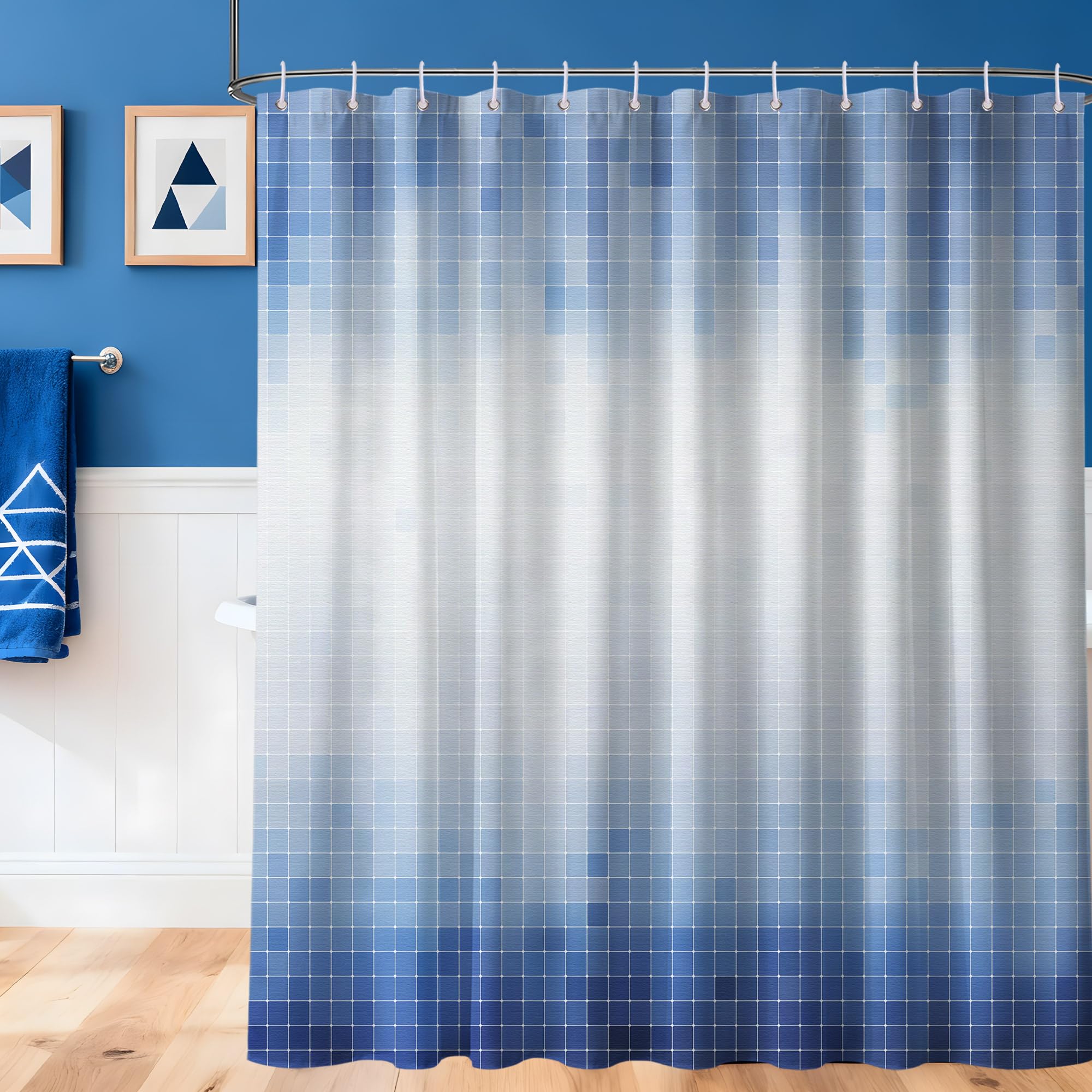 LanZanthic Blue Mosaic Modern Shower Curtains for Bathroom Abstrct Geometric Wet Room Shower Curtain with hooks, Mould Proof Resistant, Waterproof, Washable, Fabric, 180 x 180 cm