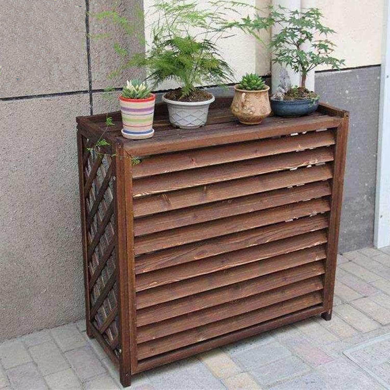 Cache Climatiseur Exterieur Imperméable Housse En Bois Massif Pour Climatisation Couverture De Climatiseur En En Bois Massif Support De Fleurs Climatiseur Cache Pompe À Chaleur ( 68x45x23cm : L81xW32x