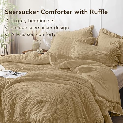 Miniatura 174 de JOLLYVOGUE - Juego de edredón tamaño queen, de 3 piezas, estilo seersucker, ligero y esponjoso para todas las estaciones, con 1 edredón con volantes