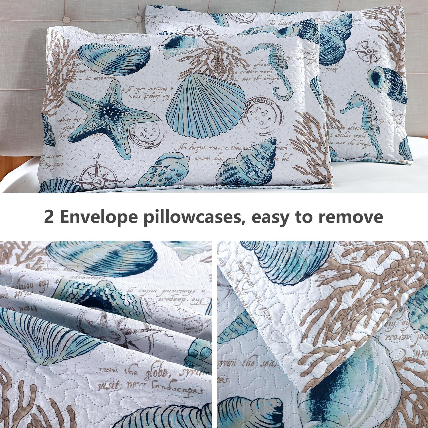 Jarson Summer Beach Bedspreads Set Seashell Conch Coverlet Sets King Size,3Pcs Lightweight Coastal Quilts Starfish Seahorse Seaweed Printed Bedding Pillow Shams - Image 7