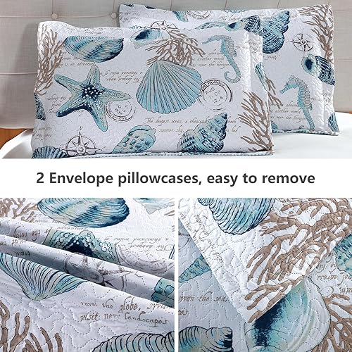 Miniatura 8 de Jarson Juego de edredones costeros de playa, tamaño matrimonialqueen, 3 piezas, juego de colcha ligera de verano, juego de ropa de cama con