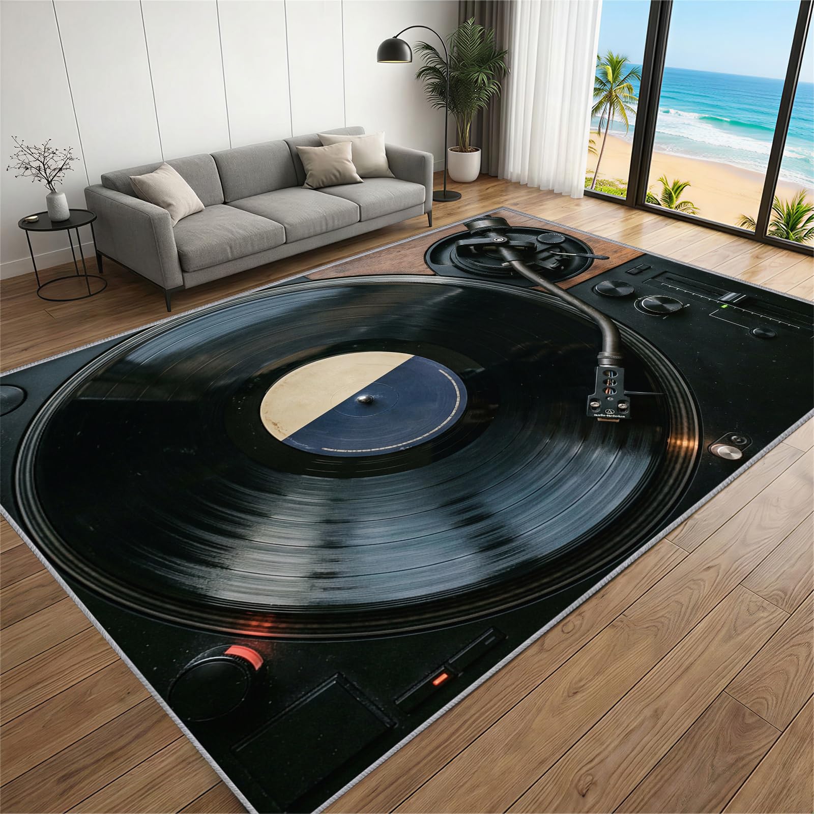 BEQUTIY Vinyl Record Player Rug 160 x 200 cm, Phonograph Musical Theme Living Room Rugs, Music Area Rug for Music Instruments Popstar Party Indoor Floor Mat Black Decor Carpet