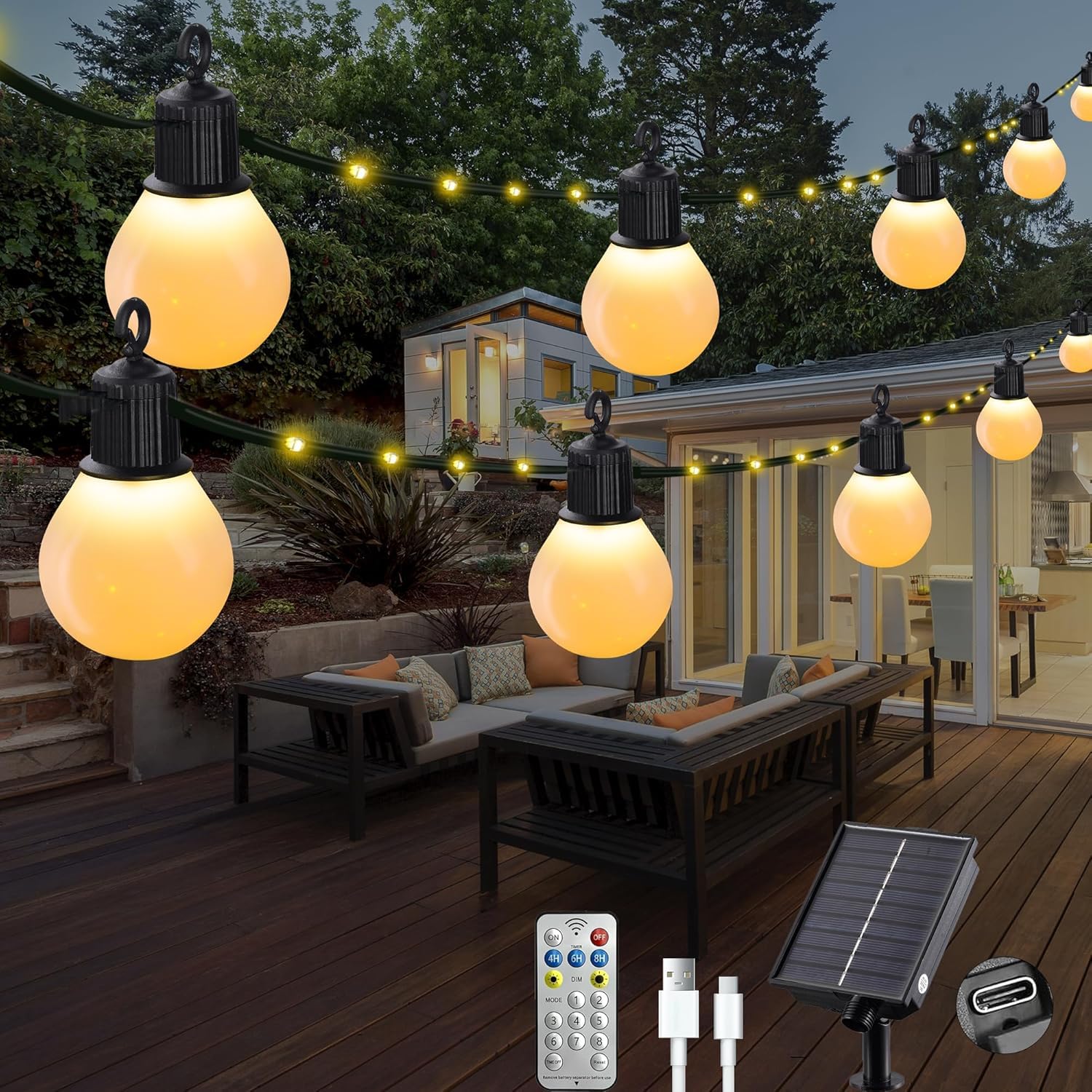 Litark Solar Lichterkette Aussen mit 20 Glühbirnen-10m 100 led Außen Gärten Solar mit Fernbedienung,Wetterfest,USB-aufladung,Solarlichterkette für Outdoor Balkon Deko (Warmweiß)