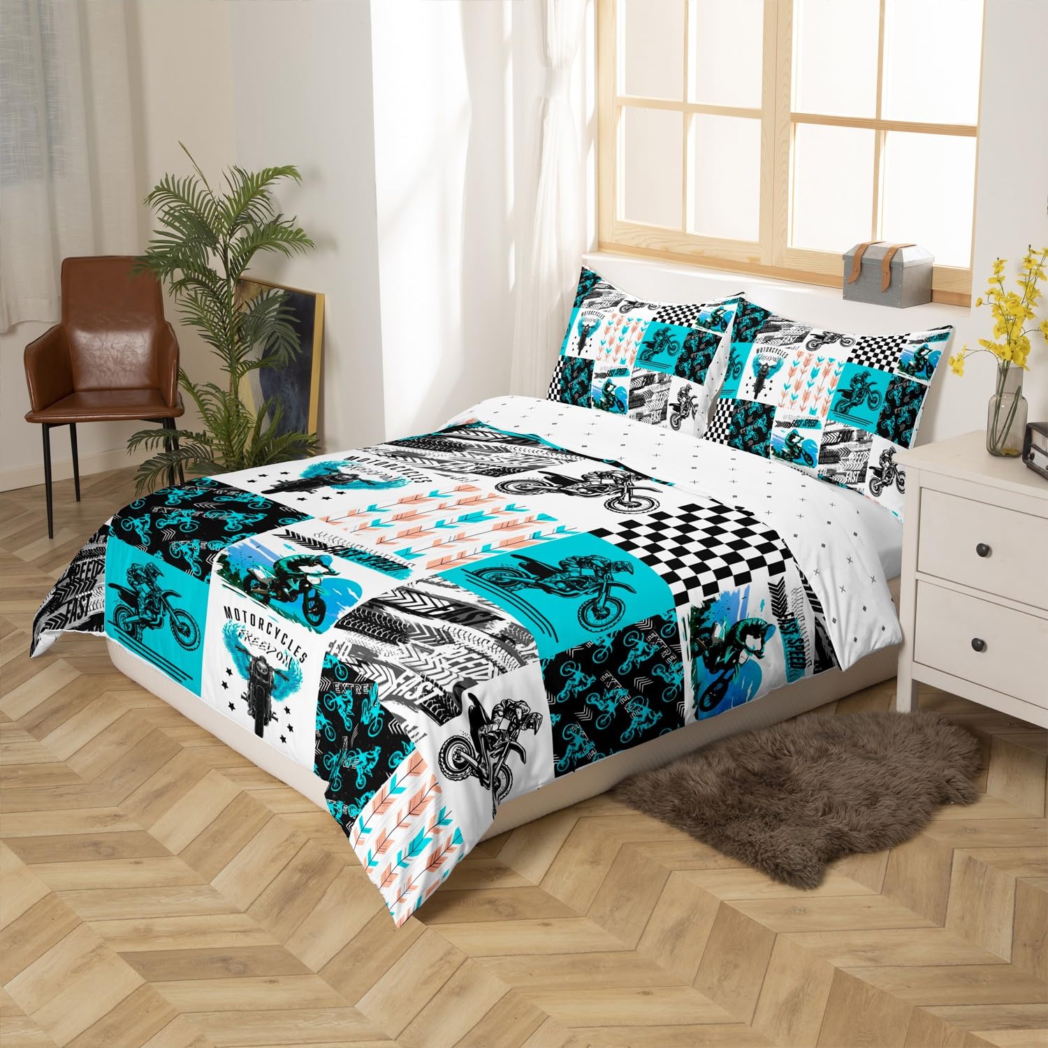 Loussiesd Bambini Dirt Bike Copripiumino 220 x 240 cm, Sport estremi Biancheria da letto Ragazzi Ragazze Corsa Motocross Rider Parure da letto Moto Adolescenti Biancheria da letto Set Decorazione per