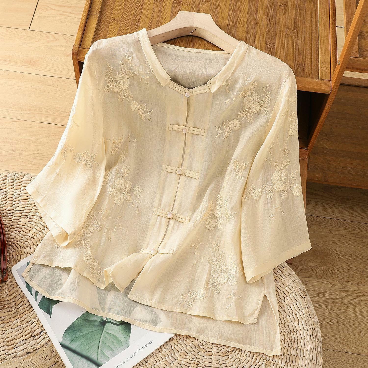 Women's Tea Outfit Cotton Linen Top Embroidered Retro Cotton Blouse Summer Frog Button Mid-Sleeve