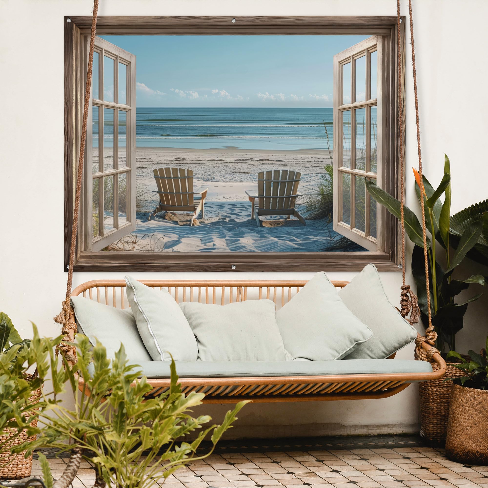 MuchoWow© Gartenposter Outdoor Bilder Gartendeko für draußen Wetterfest | 160x120 cm - Garten Deko Banner Draußen Bild Garden Decoration Fensterblick - Strand - Dünen - Meer - Natur