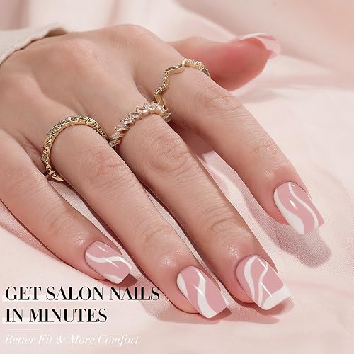 Miniatura 4 de Uñas postizas cortas a presión de San Valentín, con diseños de remolinos rosados y blancos, uñas postizas acrílicas reutilizables con pegamento,