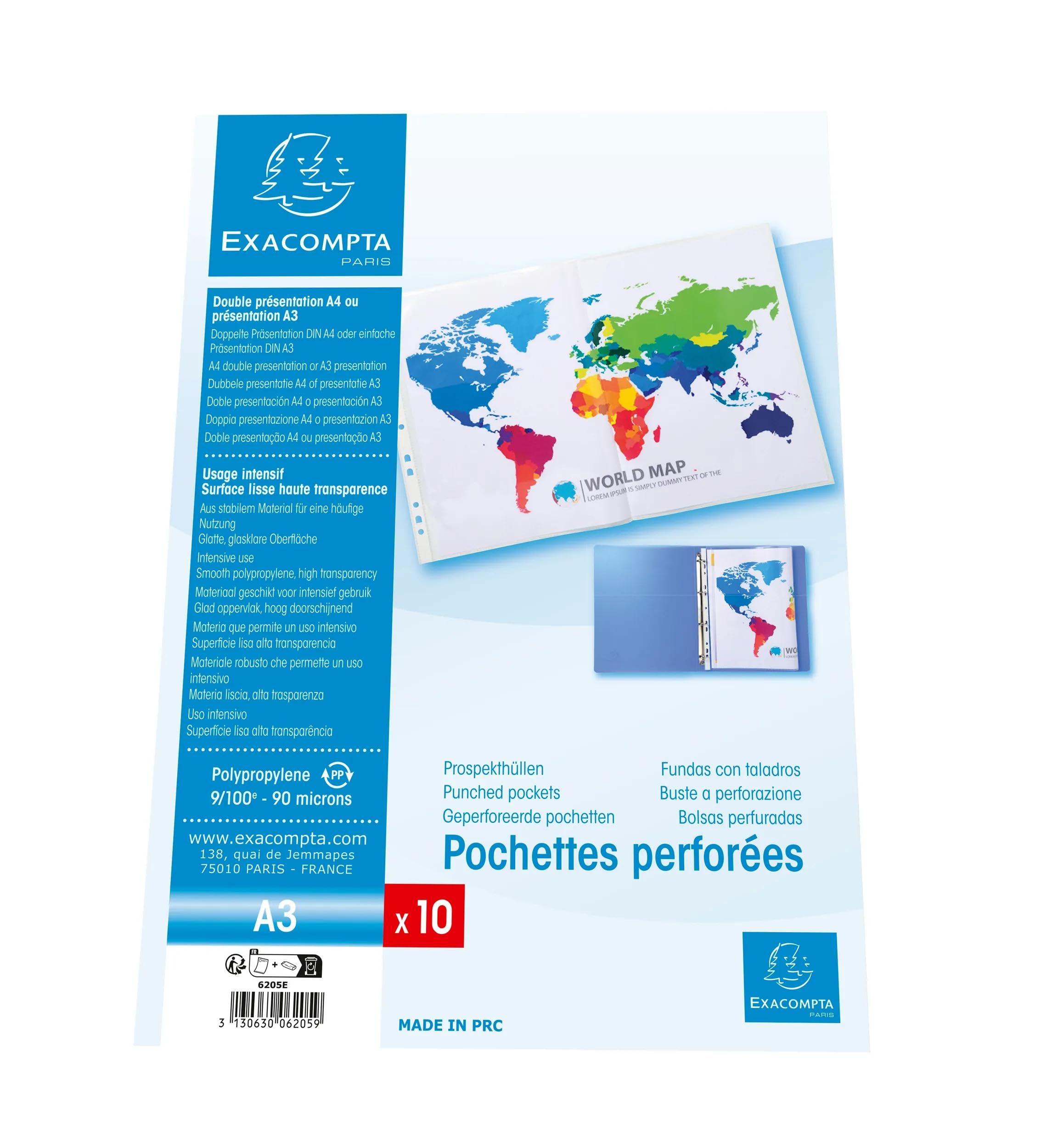Exacompta - Rif. 6205E - Cartone da 50 buste perforate in PP liscio 9/100°, A3 piegate in A4, perforazione universale a 11 fori, formato A4 e A3, incolore