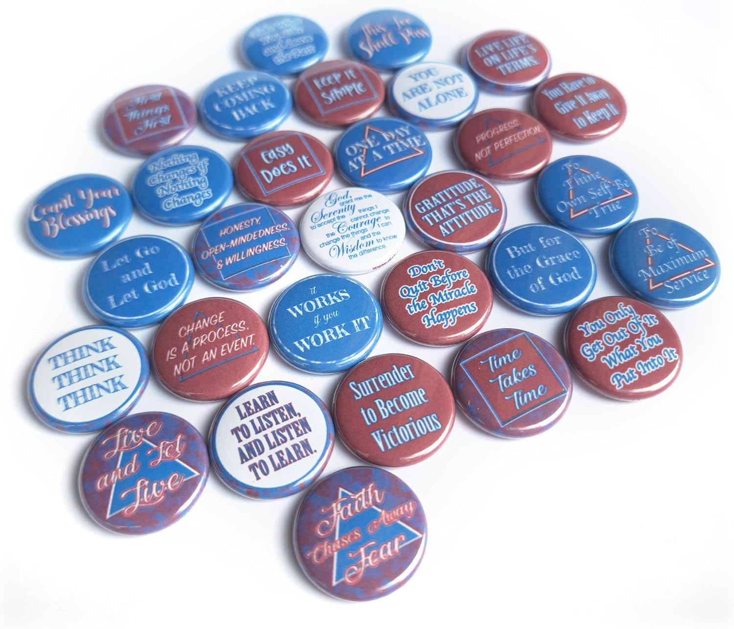 Recovery Buttons, Daily Affirmations for AA/NA (1” Pins, 30 Piece Set)