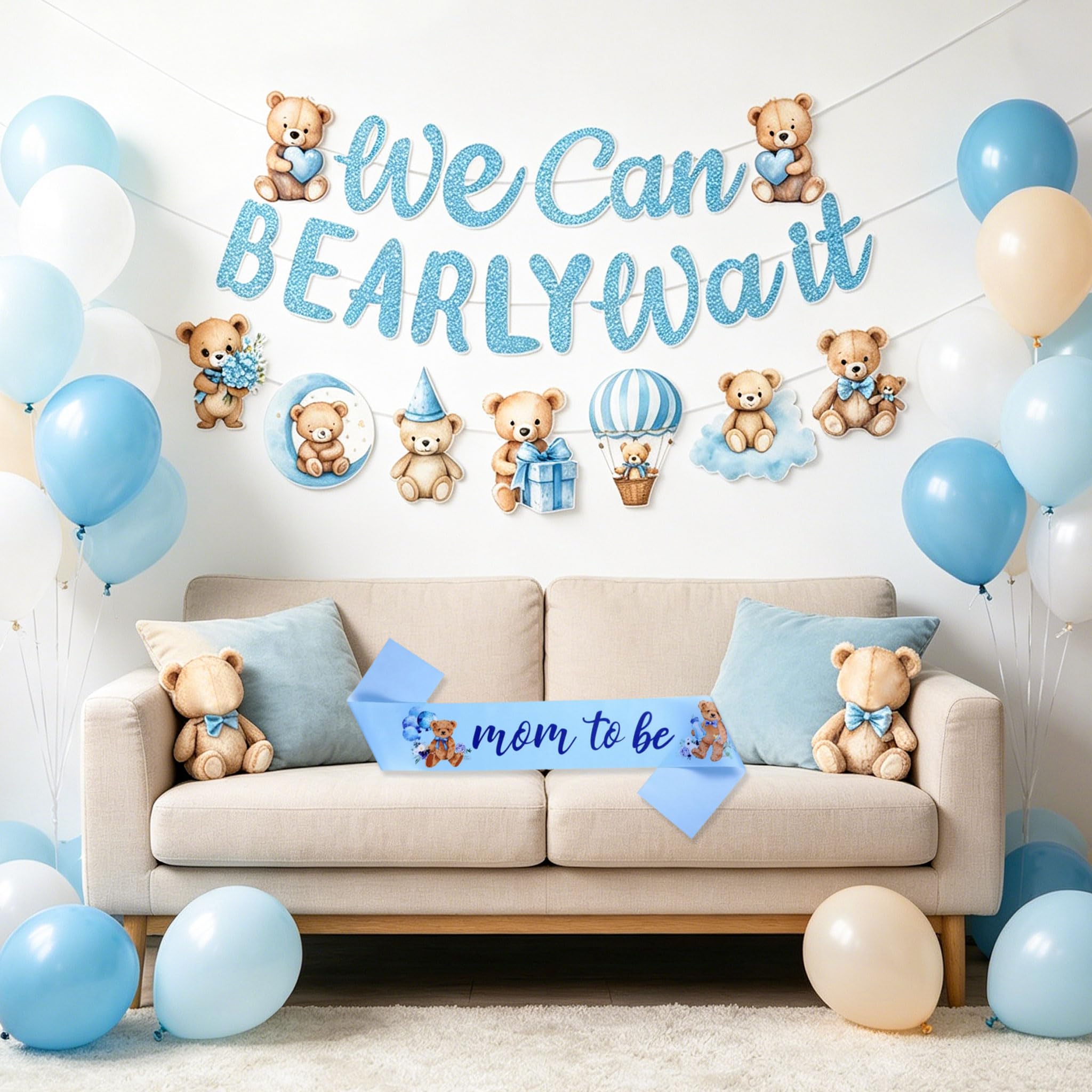Blue Baby Shower Decorations Bear Baby Boy Banner We Can BEARLY Wait Party Supplies Baby Shower Bear Baby Balloons — image 1
