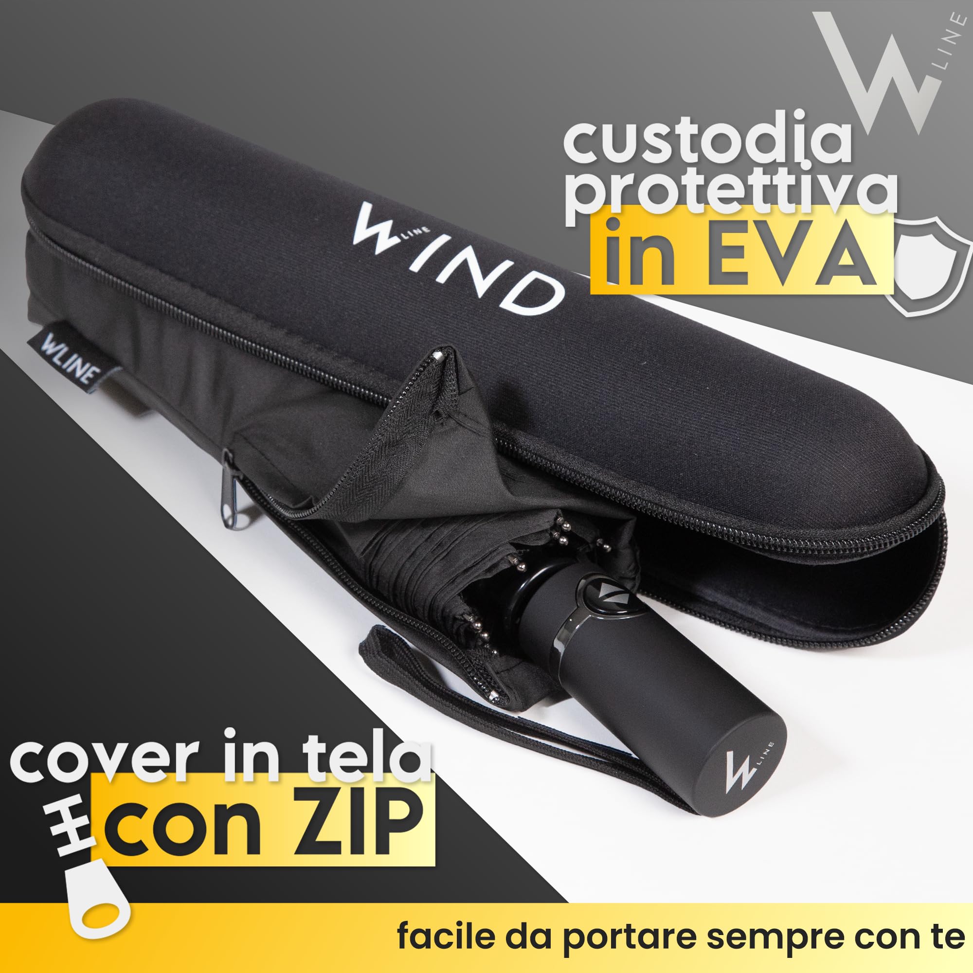 WLine Wind Ombrello Pieghevole Antivento da Pioggia con 10 Aste Rinforzate e Tela Idrorepellente 210T - Ombrello Portatile Resistente Apri e Chiudi Automatico, Diametro 104cm (Nero con Custodia)