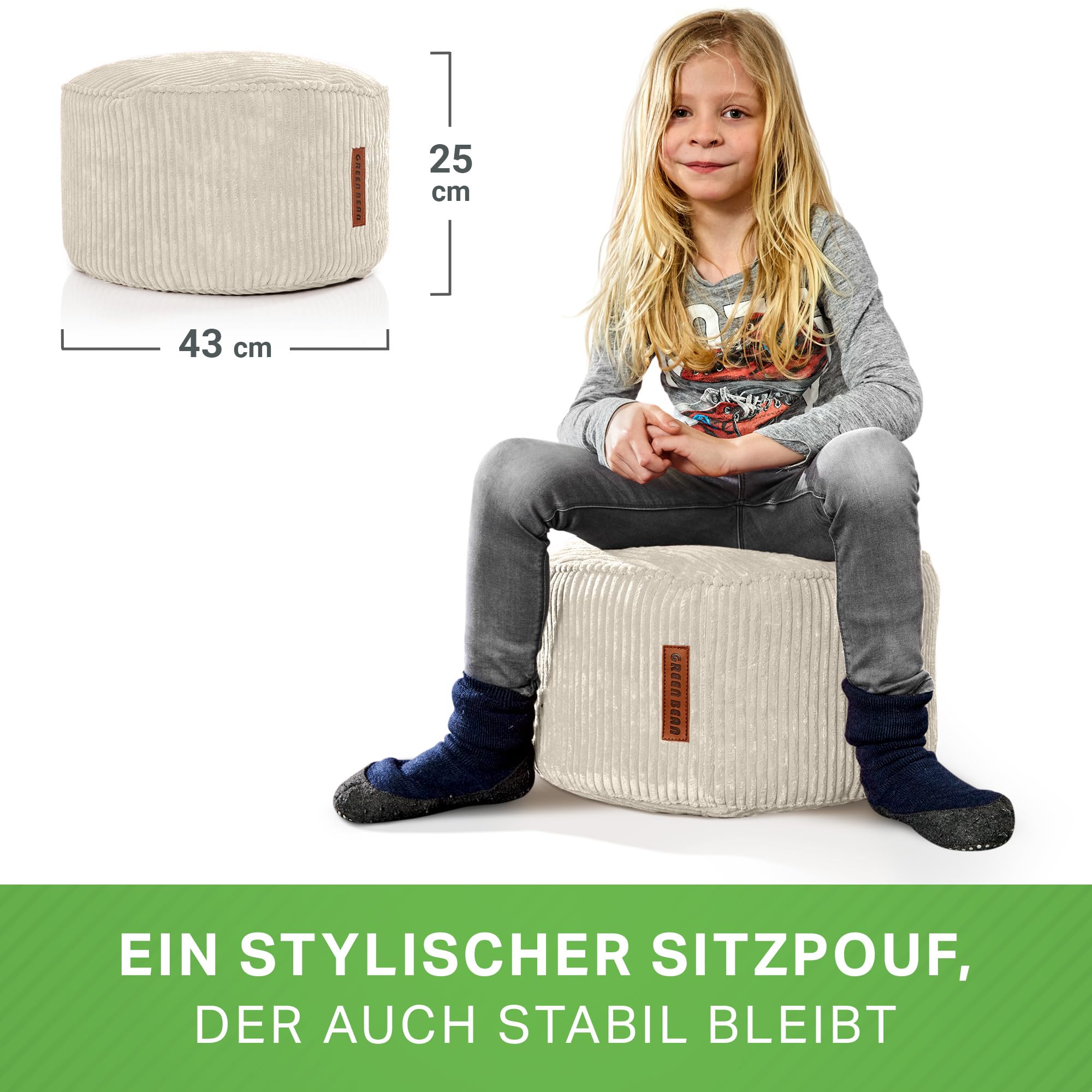 Green Bean Indoor Cord Sitzhocker Pouf Stay 45x25cm mit EPS-Perlen Füllung - kuschelig weich waschbar - die ideale Ergänzung zum Sitzsack für Kinder & Erwachsene - Beige