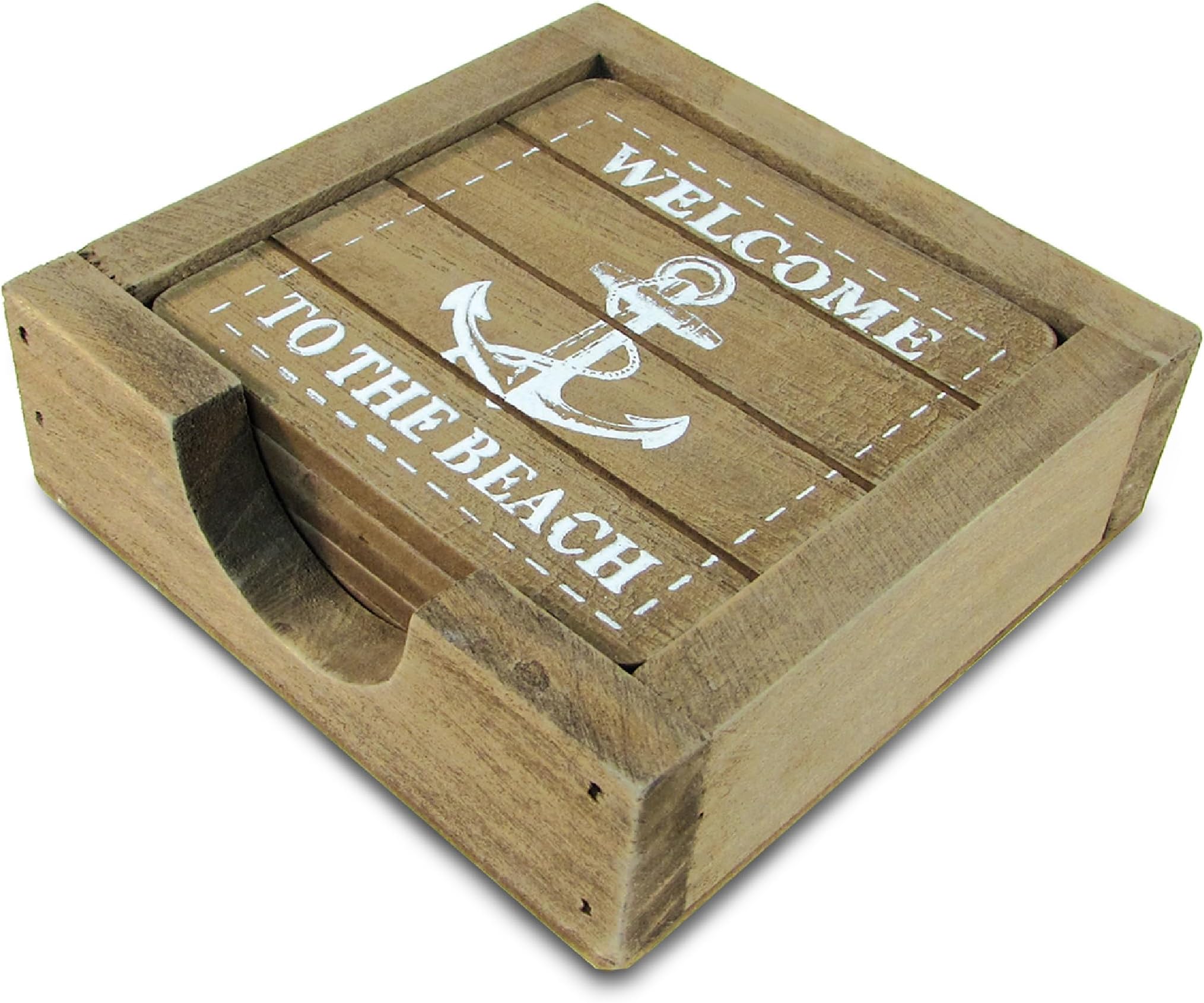 COTA Global Nautical Wooden Coaster and Holder Set - Rustic Square Coaster Set with Holder, Cute Beach Theme Drink Coasters Set for Spill and Scratch Free Tabletop - 6 Coasters and 1 Holder Set