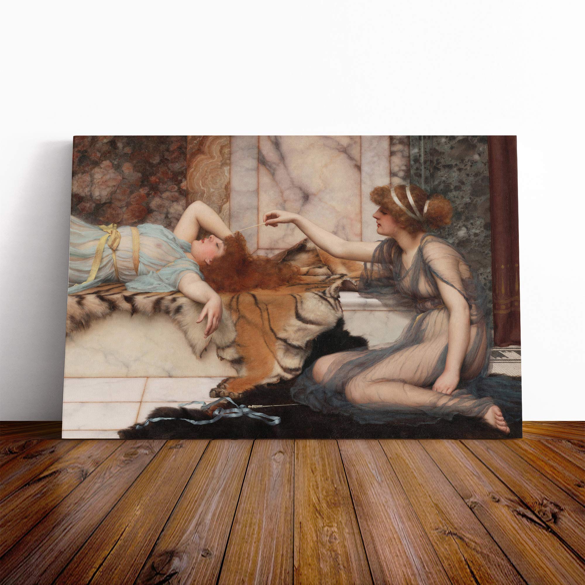 John William Godward Mischief and Repose Canvas Print | Gallery Wrapped 30mm Frame Wall Art | 24x16 inches | Ready to Hang | Modern Picture | Living Room Bedroom Lounge Office