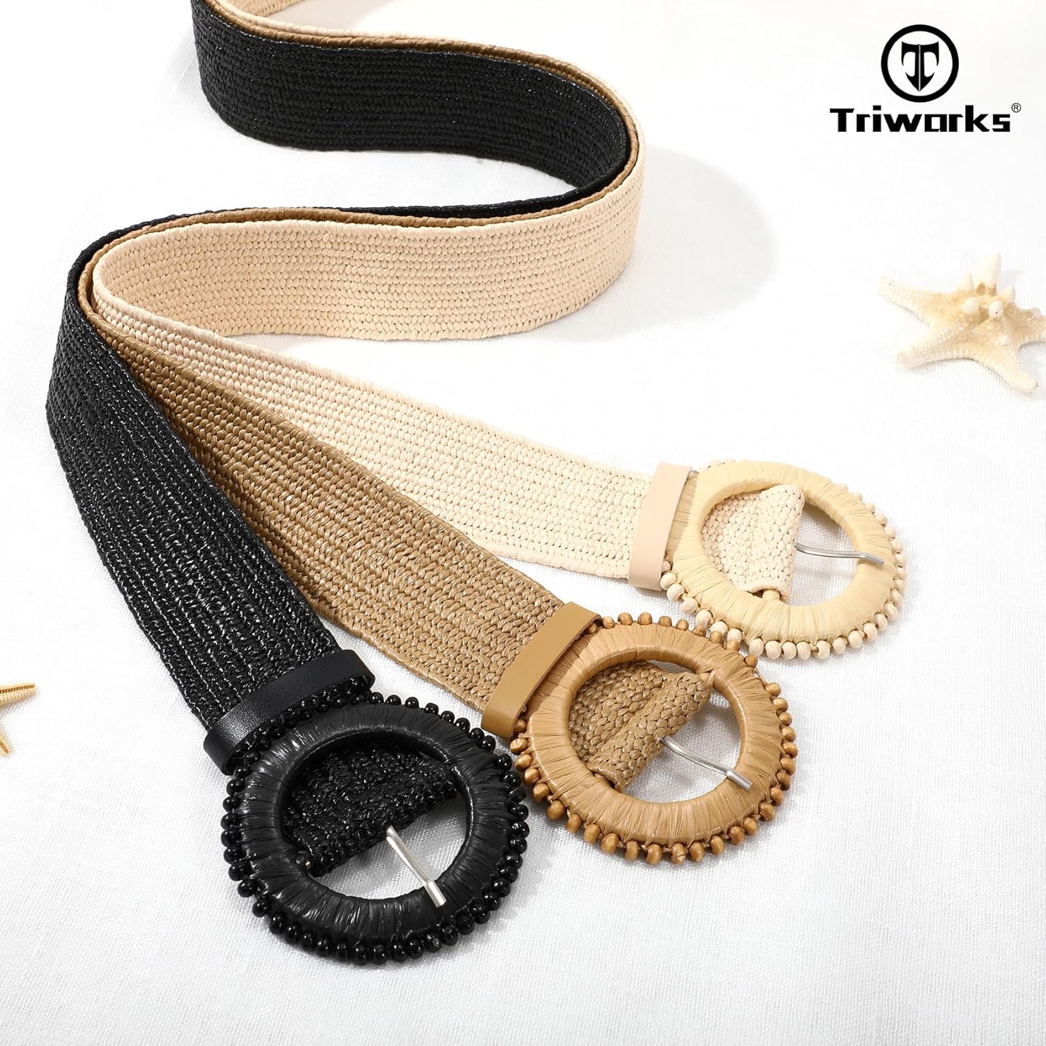 TRIWORKS 3 Pack Straw Woven Stretch Belt for Women,Raffia Elastic Belt for Dress Wide Boho Waist Belt with Round Buckle - Image 7