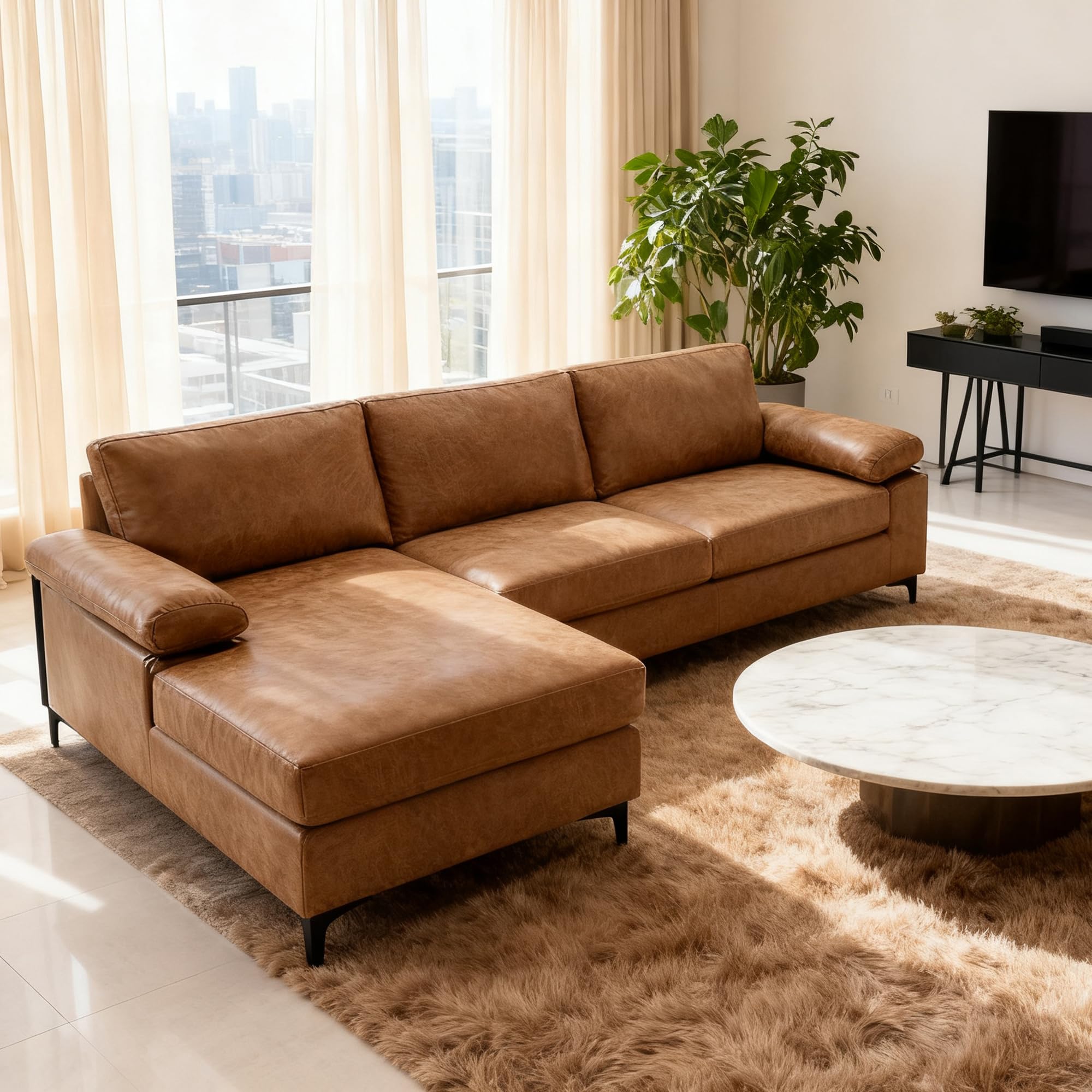 VANOMi Faux Leather Couch for Living Room, 100" Sofa & Couches with Convertible Chaise 3-Seater Modern Sectional Sofa for Apartment, Corner, Office, Right/Left-L-Shaped, Brown