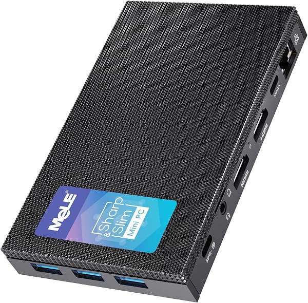 MeLE Quieter Fanless Mini PC, Celeron RAM, Storage, Full-Function USB-C, WiFi 5, Support Triple Screen Display, Slim Des