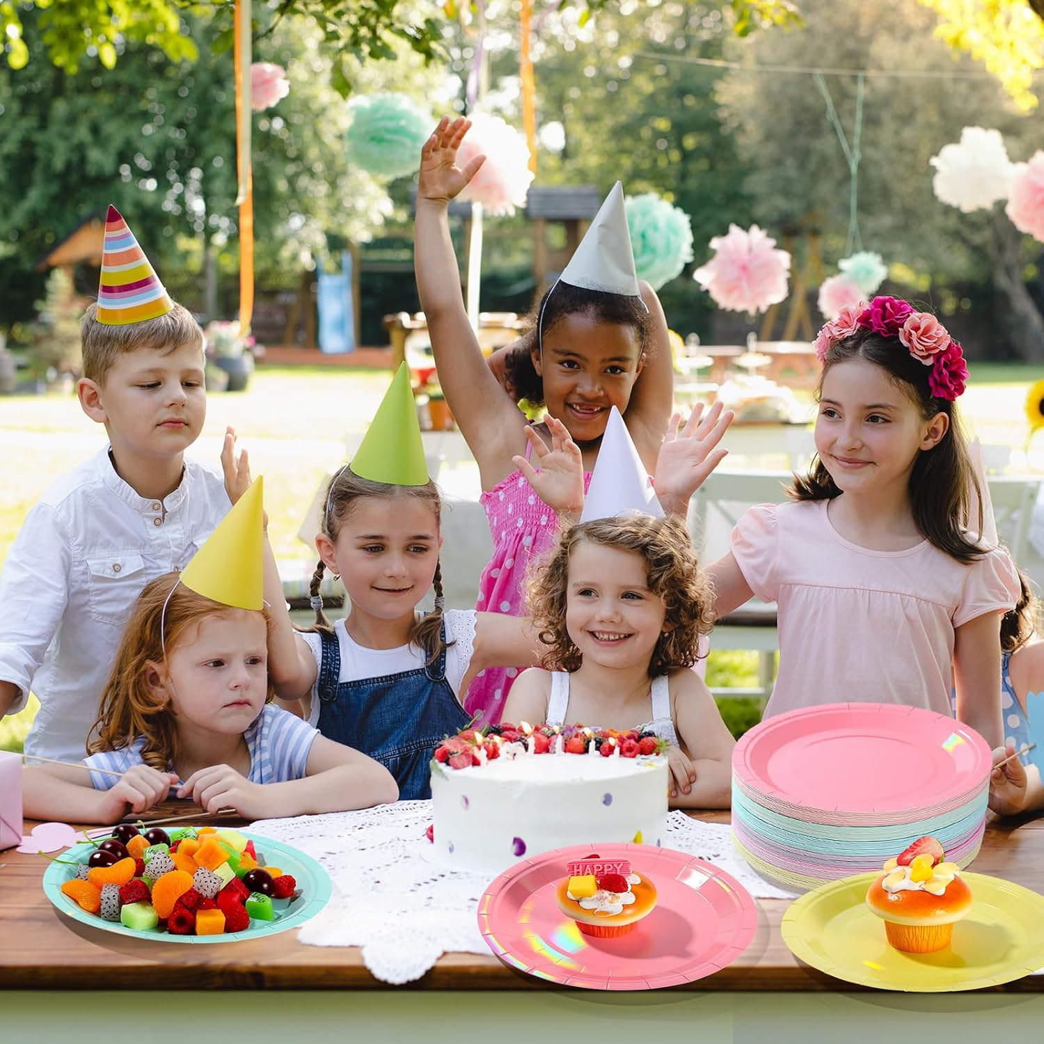 Pasimy 120 Pcs Laser Pastel Paper Plates 9 Inch Easter Dinner Plates Bulk Disposable Rainbow Party Dessert Supplies Round Color Paper Dish for Spring Easter Birthday Rainbow Party Supply(Laser Pastel)