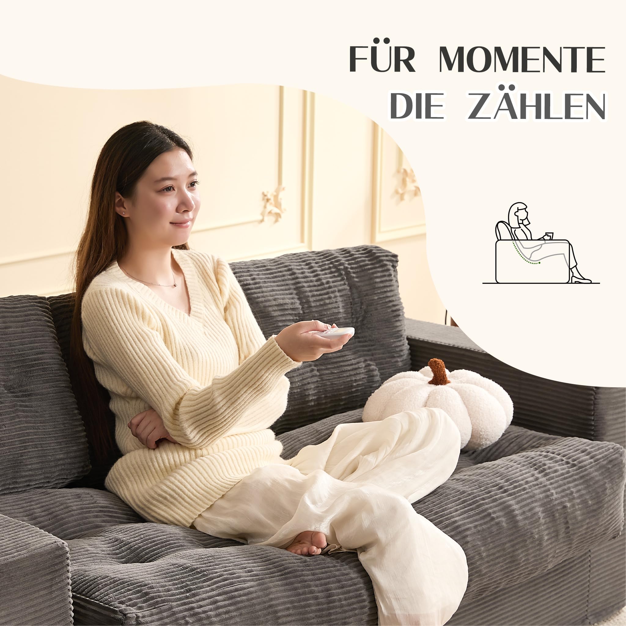 Sofá de 3 plazas de 190 cm para salón, sofá de Suelo de Pana sin Boneless con Cojines, reposabrazos y Soporte Doble para Bebidas, con Respaldo, no Requiere Montaje (Gris)