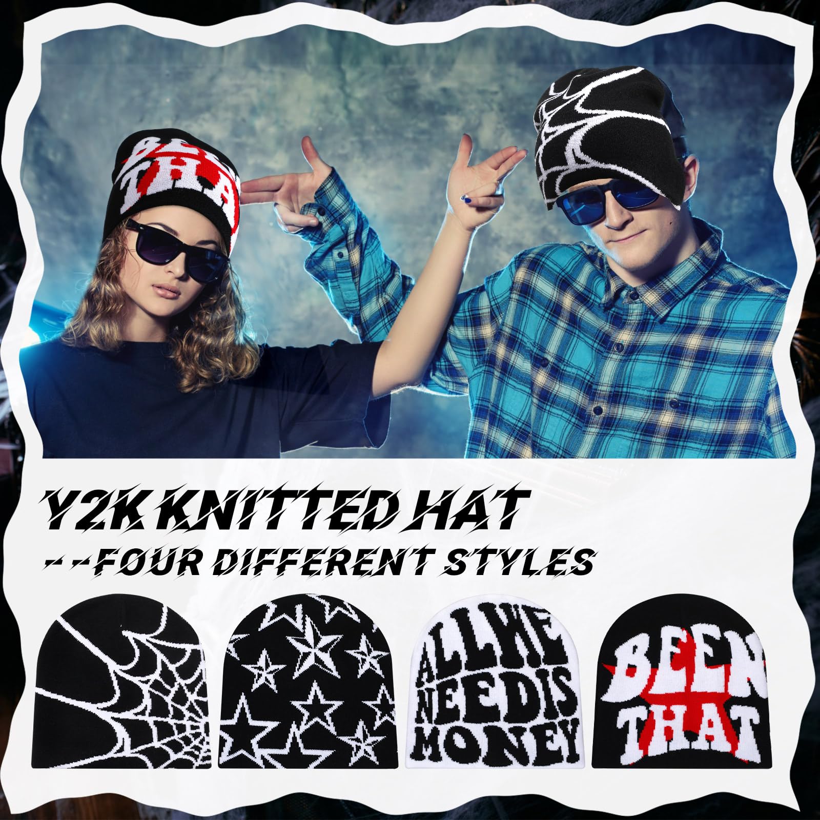 Ramede 4 Pcs Y2k Beanie - Double Sided Graphic Beanies for Men and Women, Acrylic Knitted Y2k Hats Accessories: Fleece Lined Multiple
