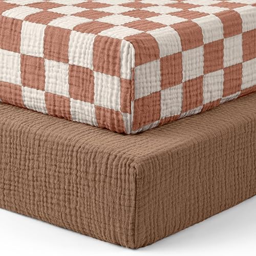 Blissful Diary Muslin Crib Sheets for Girl Boy, Boho Neutral Soft Cotton Baby Sheet for 52''x28'' Standard Crib Mattress, 2 Pack(Brown Checkboard &