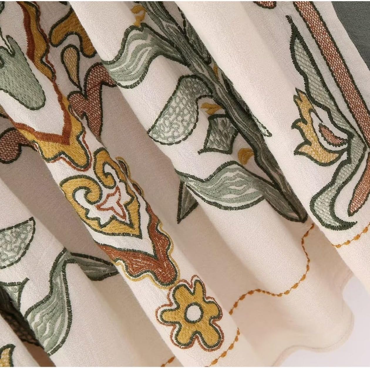 Womens Oversized Floral Embroidered Long Dress with V-Neck and 3/4 Sleeves Vintage Embroidery Babydoll Dress - Image 4