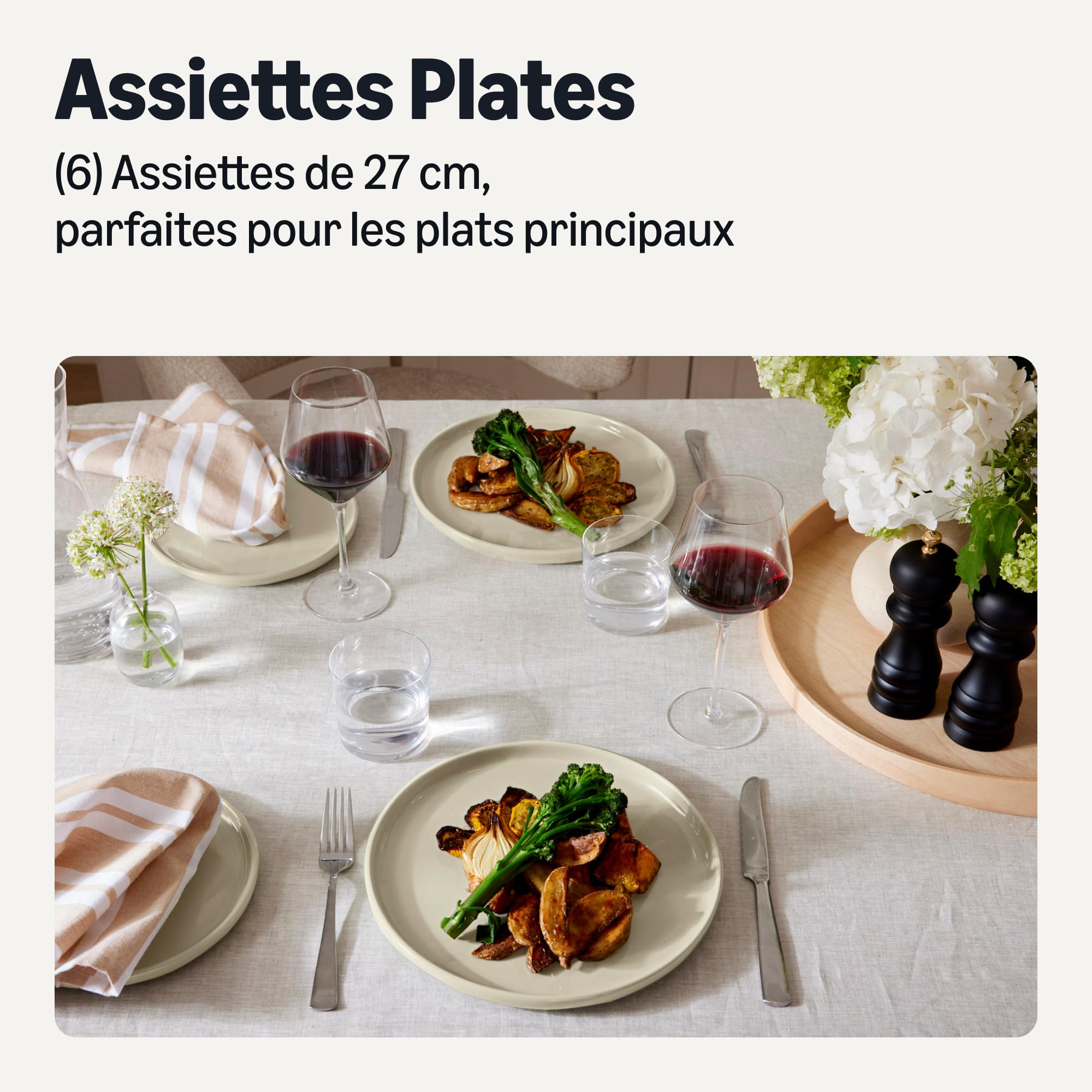 Amazon Basics Assiettes Plates en Grès Émaillé, Lot de 6 Pièces, 26,7cm, Compatible Micro-Ondes et Lave-Vaisselle, Couleur Ivoire