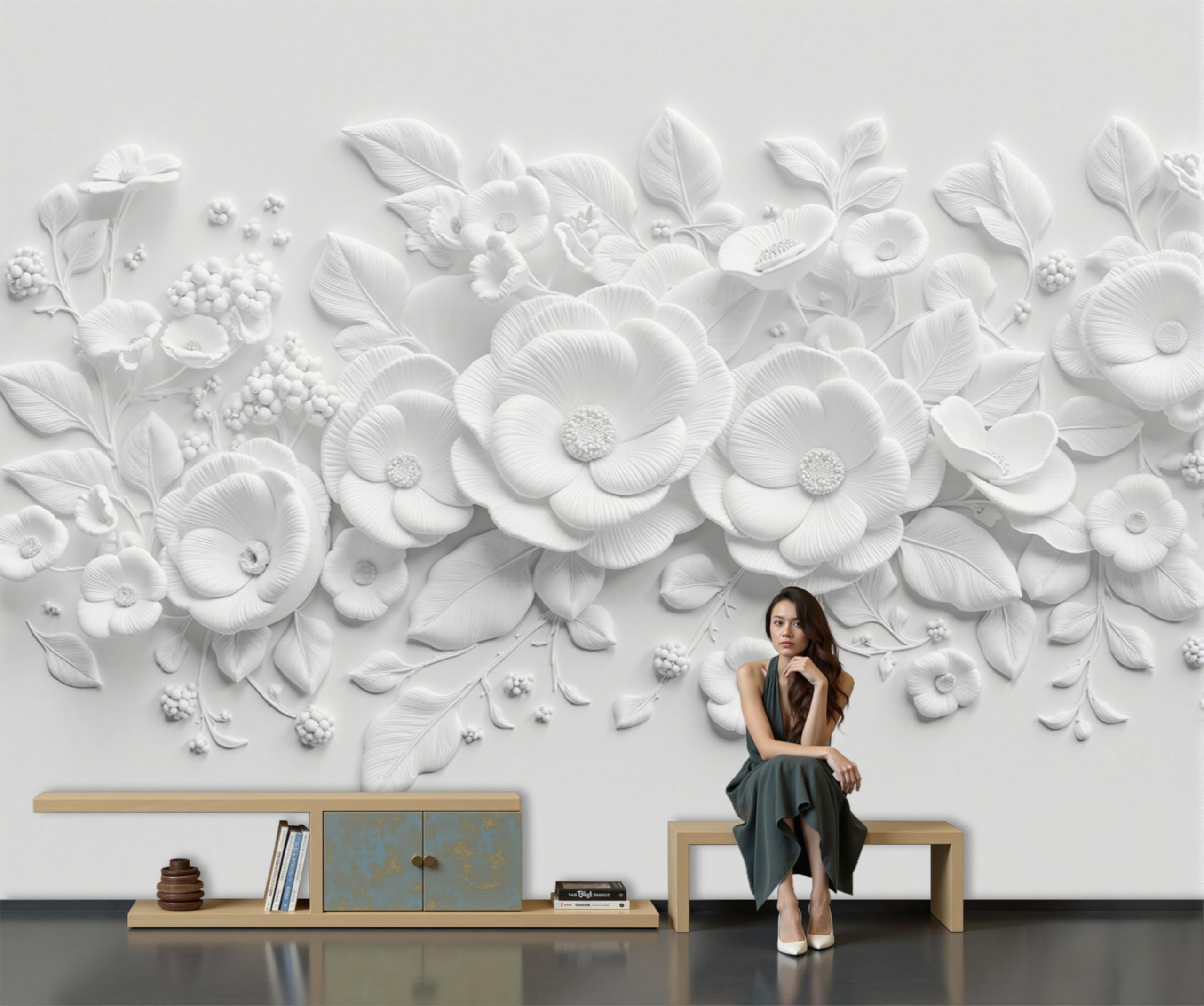 Fototapete Vlies Tapete 3D Effekt Fototapeten Einfarbiges Blumenrelief Vliestapete Einfache Pflanzen Tapeten Weiß Moderne Wandtapete, Wohnzimmer, Tv Hintergrund Deko, 300X210Cm (B×H)