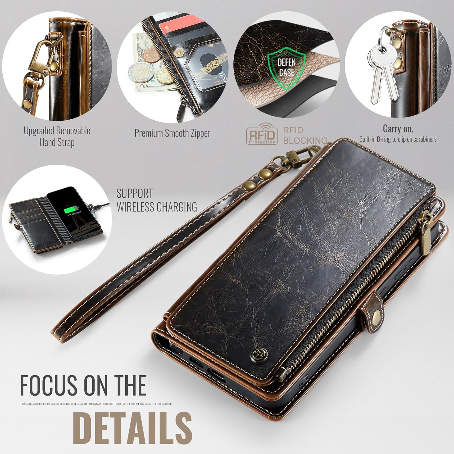 Defencase for Galaxy S26 Ultra Case Wallet with RFID Blocking Card Holder for Women Men, PU Leather Magnetic Snap Flip Wrist Strap Zipper Wallet Phone Cases for Samsung Galaxy S26 Ultra 6.9", Coffee