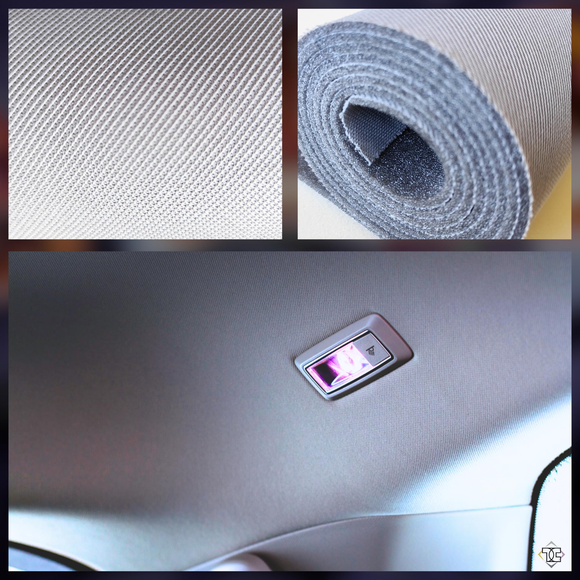 TAPHICEROS Ciel de toit de voiture, Gris clair, 200 cm x 180 cm, Vendu au mètre, Tissu pour Revêtement de Voiture, Rénovation Garniture Intérieure Textile pour Auto Caravane Bateau Camping DIY