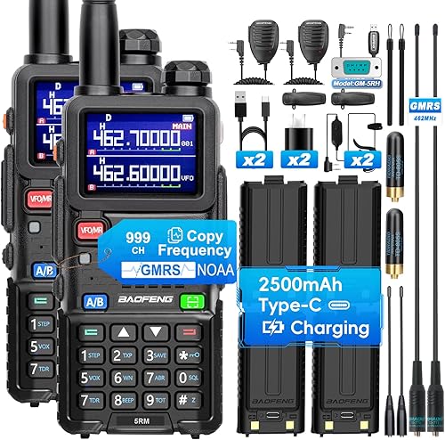 BAOFENG 5RM GMRS - Radio de mano, UV-5G Plus (4 baterías de 2500 mAh), radio bidireccional de 5 W de largo alcance multibanda con 999 canales,