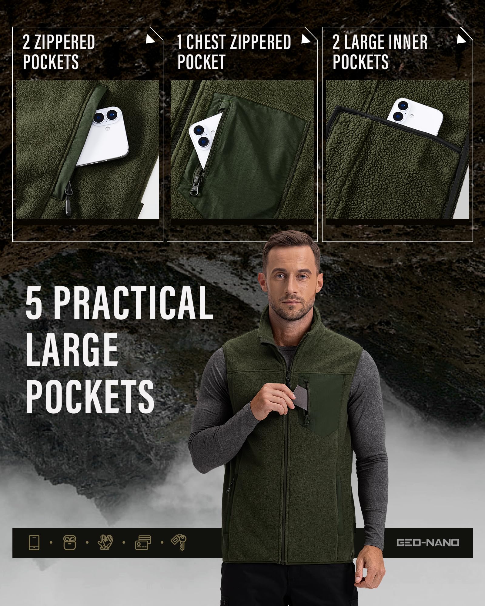 Herren Fleeceweste mit Sherpa-Futter Warme Ärmellose Jacke | Winddichte Thermoweste mit Stehkragen Outdoor Arbeitsweste 5 Taschen Full Zip Bodywarmers für Wandern Radfahren Angeln