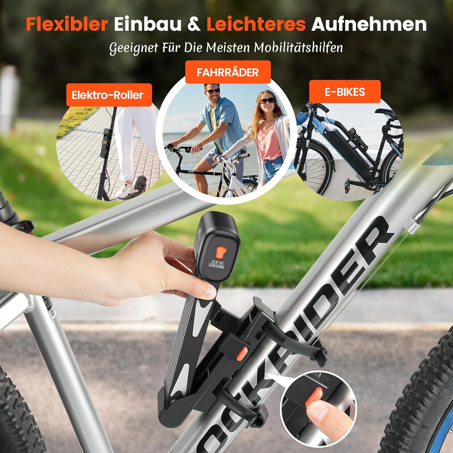 Image showing the Sportneer lock being mounted on a bicycle frame, with illustrations of its use for electric scooters, bicycles, and e-bikes.