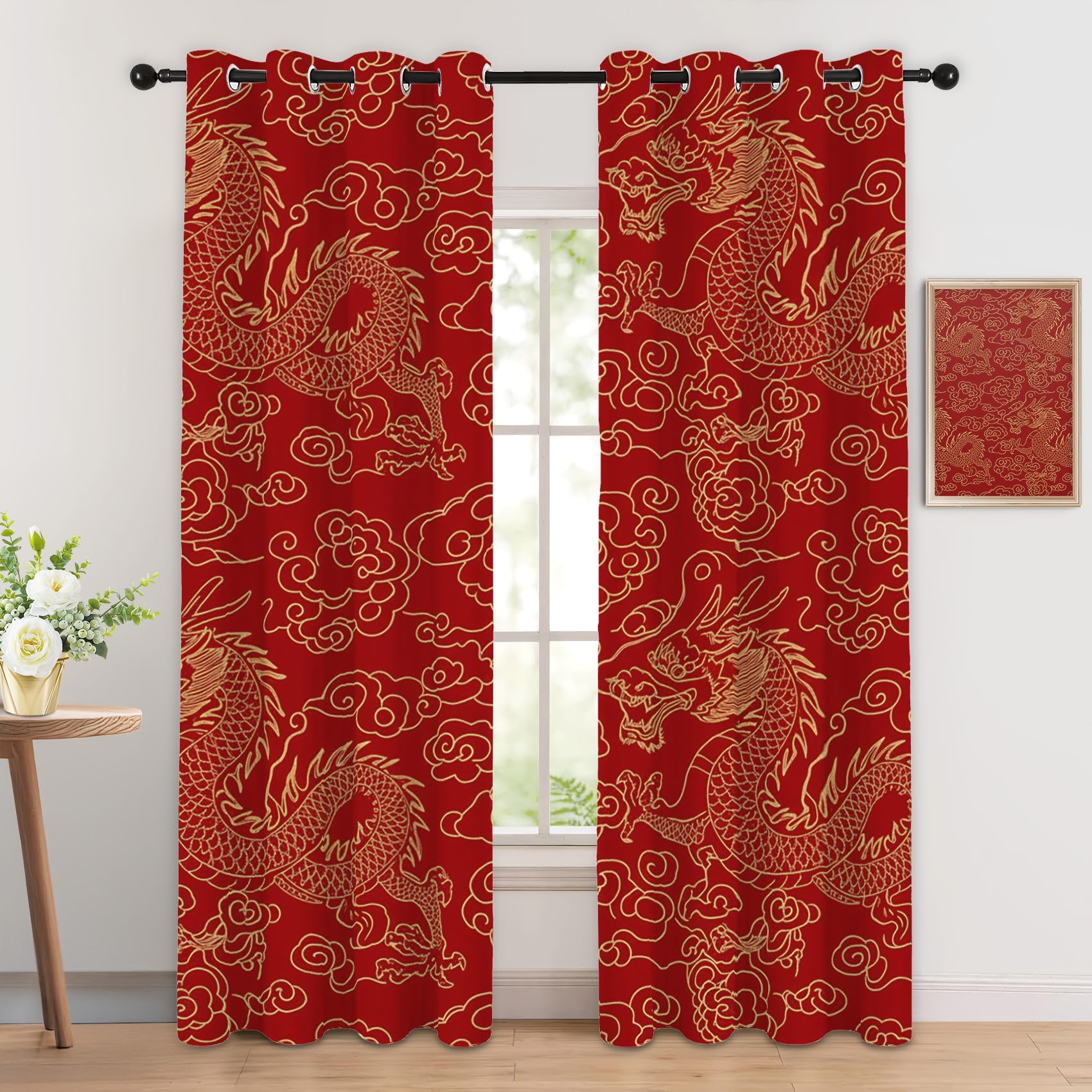 Rideau Occultant Thermiques Dragon Chinois Rouge et Or - Lot de 2 Rideaux Imprimé pour Salon Chambre Fenetre Cuisine, Rideaux et Draperies Intérieurs à Oeillets, 117x137 cm (LxH)
