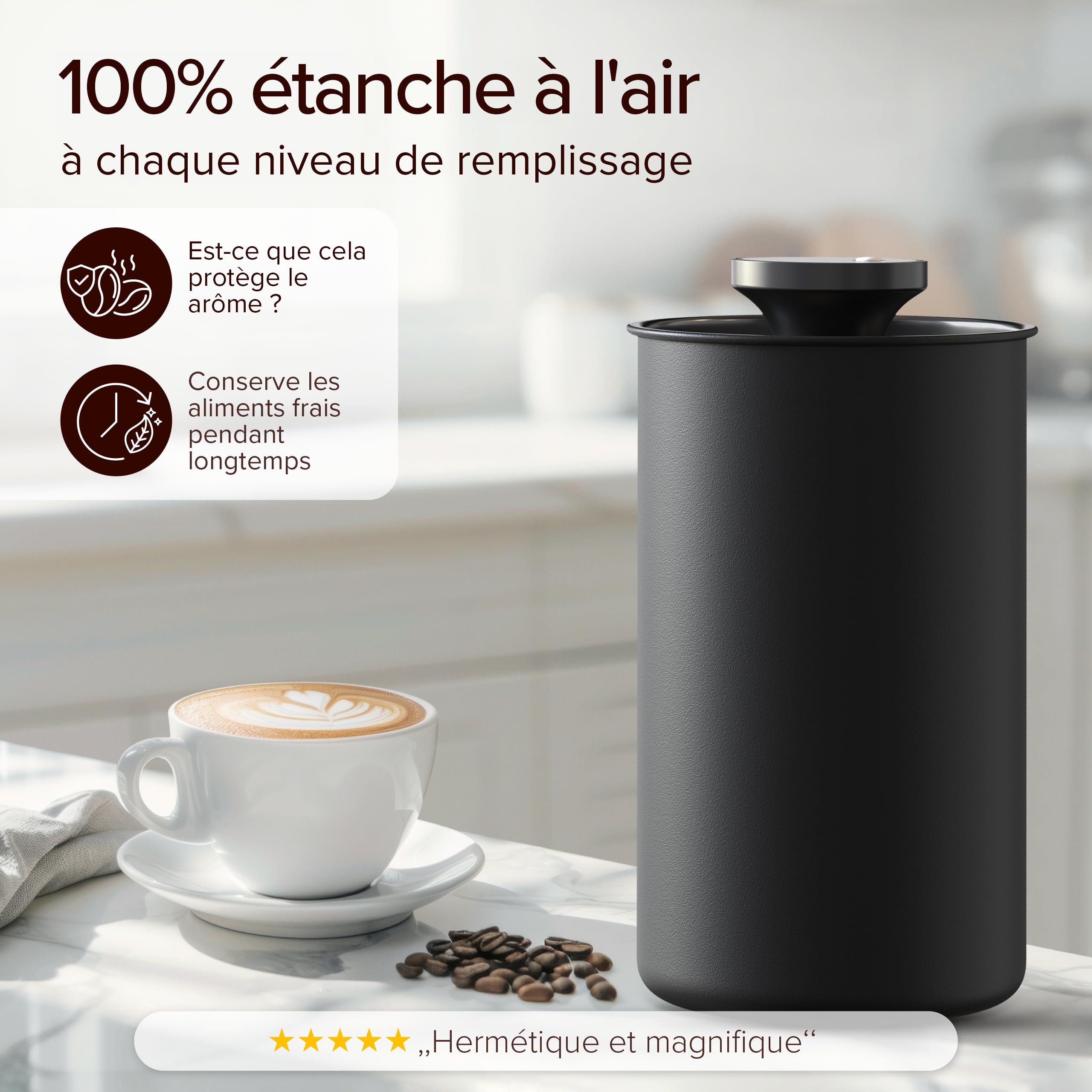 KC Kitchen & Co. Boîte à café hermétique pour 500 g de grains de café, en acier inoxydable, avec couvercle sous vide et fermeture aromatique, boîte de rangement pour café, thé, sucre, céréales, noir