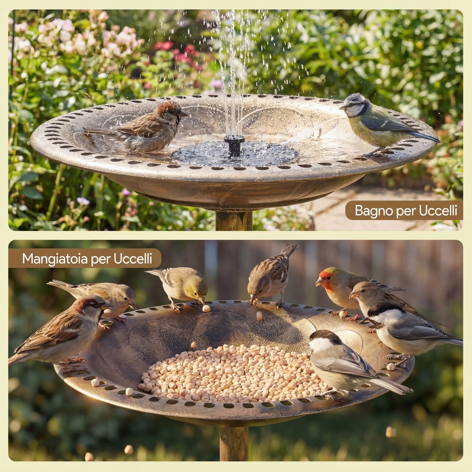 COSTWAY Mangiatoia per Uccelli da Esterno 2 in 1, Fontana con 6 Ugelli, Resistente alle Intemperie per Giardino