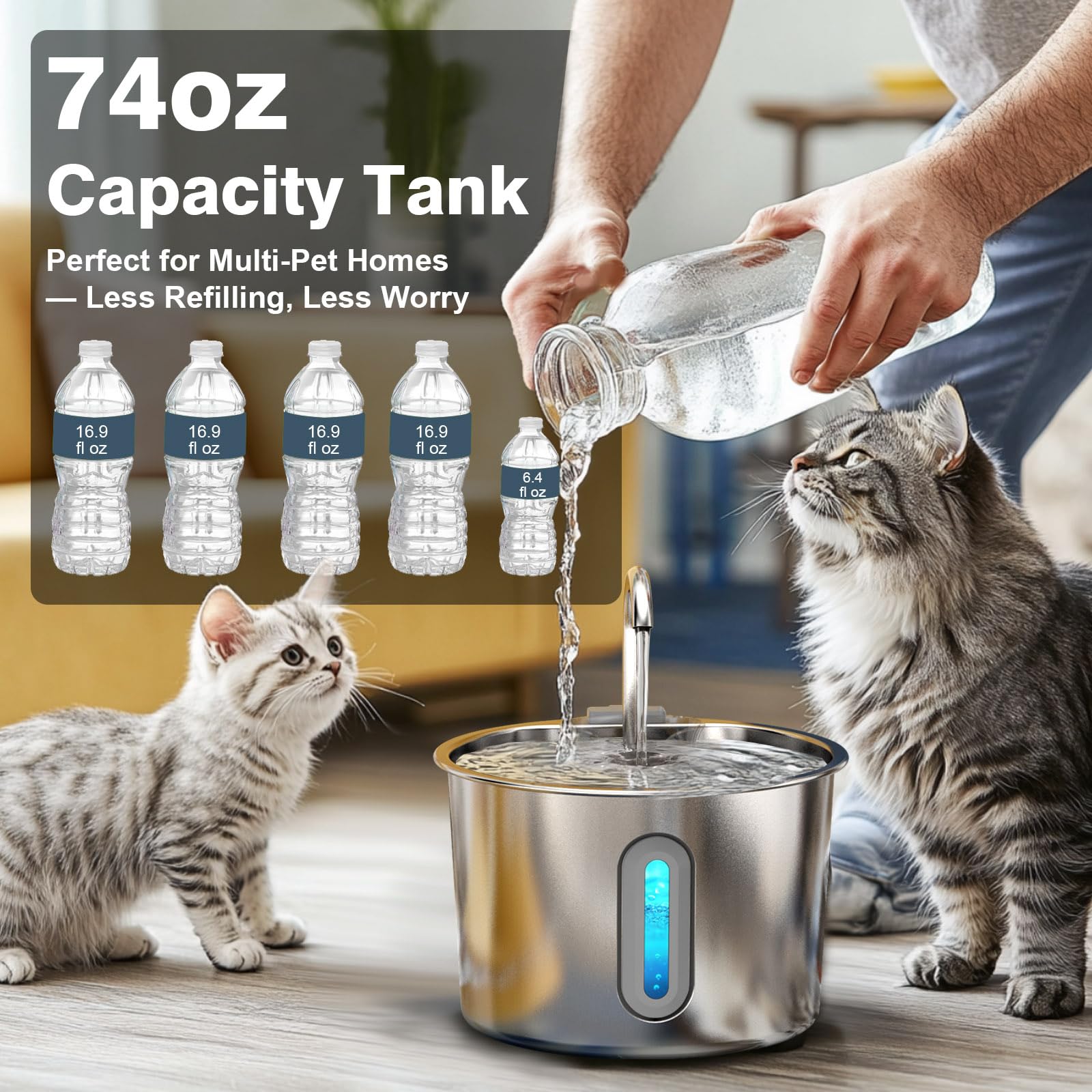 Fuente de agua para gatos, fuente de agua para gatos de 74 onzas/2.2 L para beber – Fuente de agua para mascotas de acero inoxidable para gatos en el interior – Dispensador silencioso de cuenco