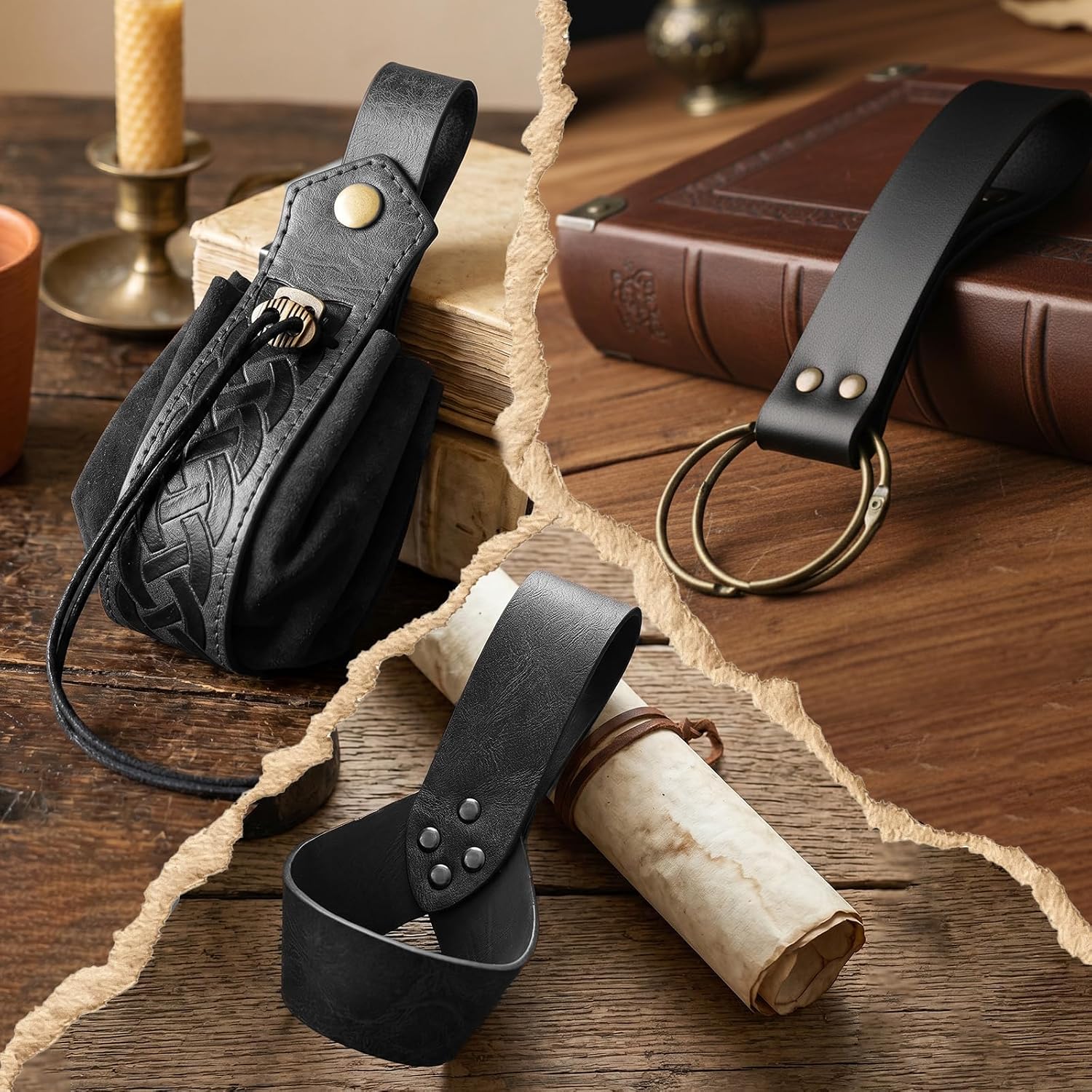 Renaissance Medieval Belt Pouch Set - Renaissance Accessories with Pirate Belt Pouch for Halloween Cosplay & LARP (Black-G) image 2