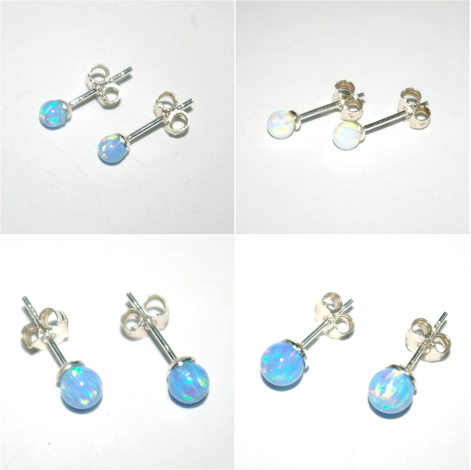White or Blue Opal Ball Beads Stud Earrings 925 Sterling Silver 4mm, 5mm, 6mm