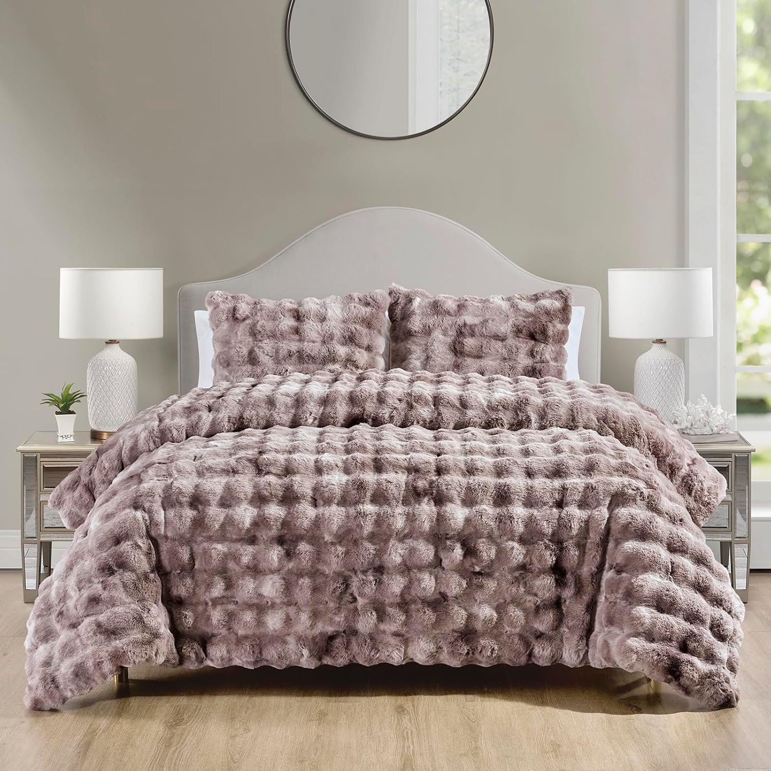 Humesill Luxury Faux Rabbit Fur Comforter Set, 3 Pieces Comforter Queen Size with 2 Pillow Shams, Tie-dye Fur with Bubble Design for Front and Microfiber Back, Will Light Fill(Dusty Mauve, 90x90 Inch)