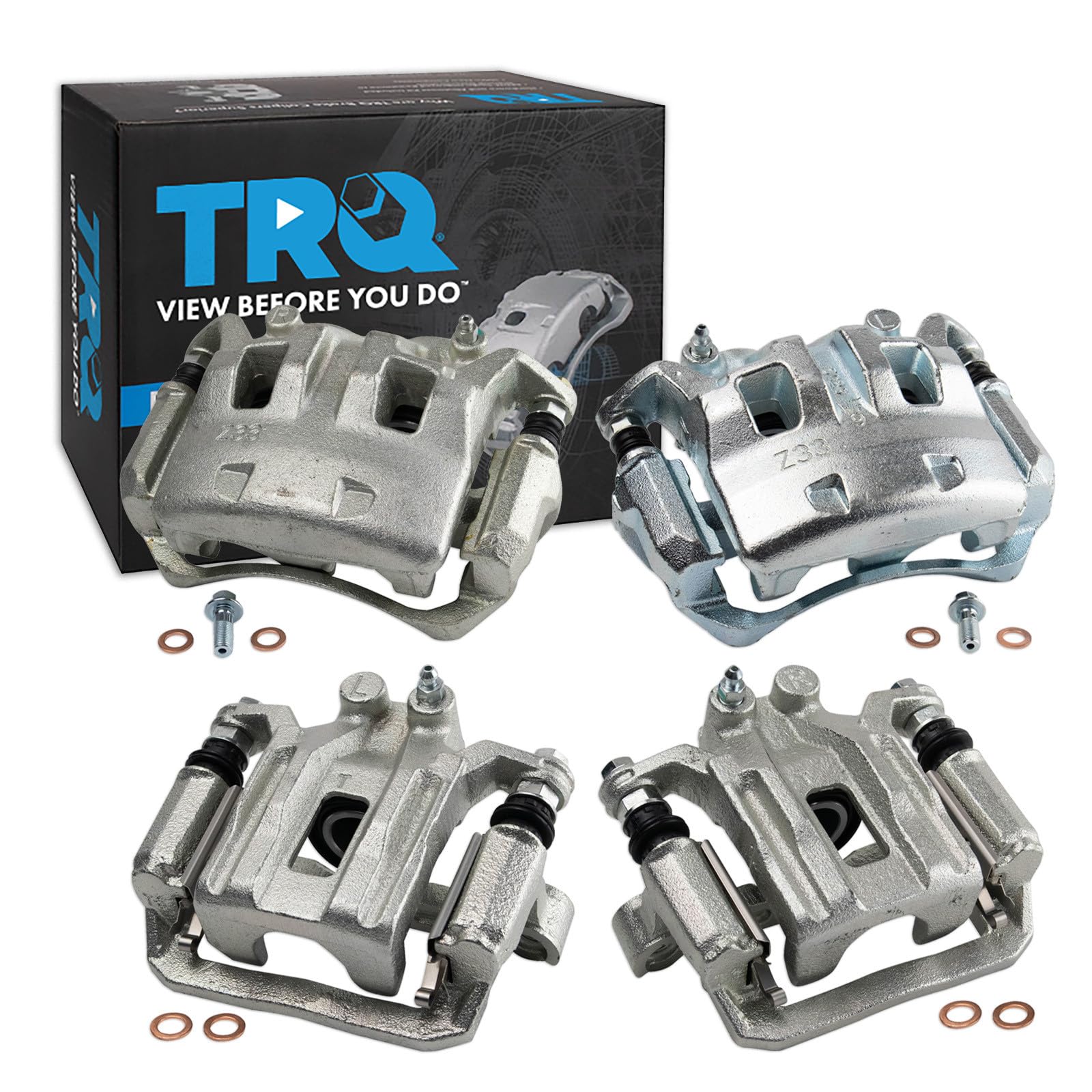 TRQ Front and Rear Brake Caliper Set Zinc Coated Brackets Hardware Compatible with 2005-2019 Nissan Frontier
