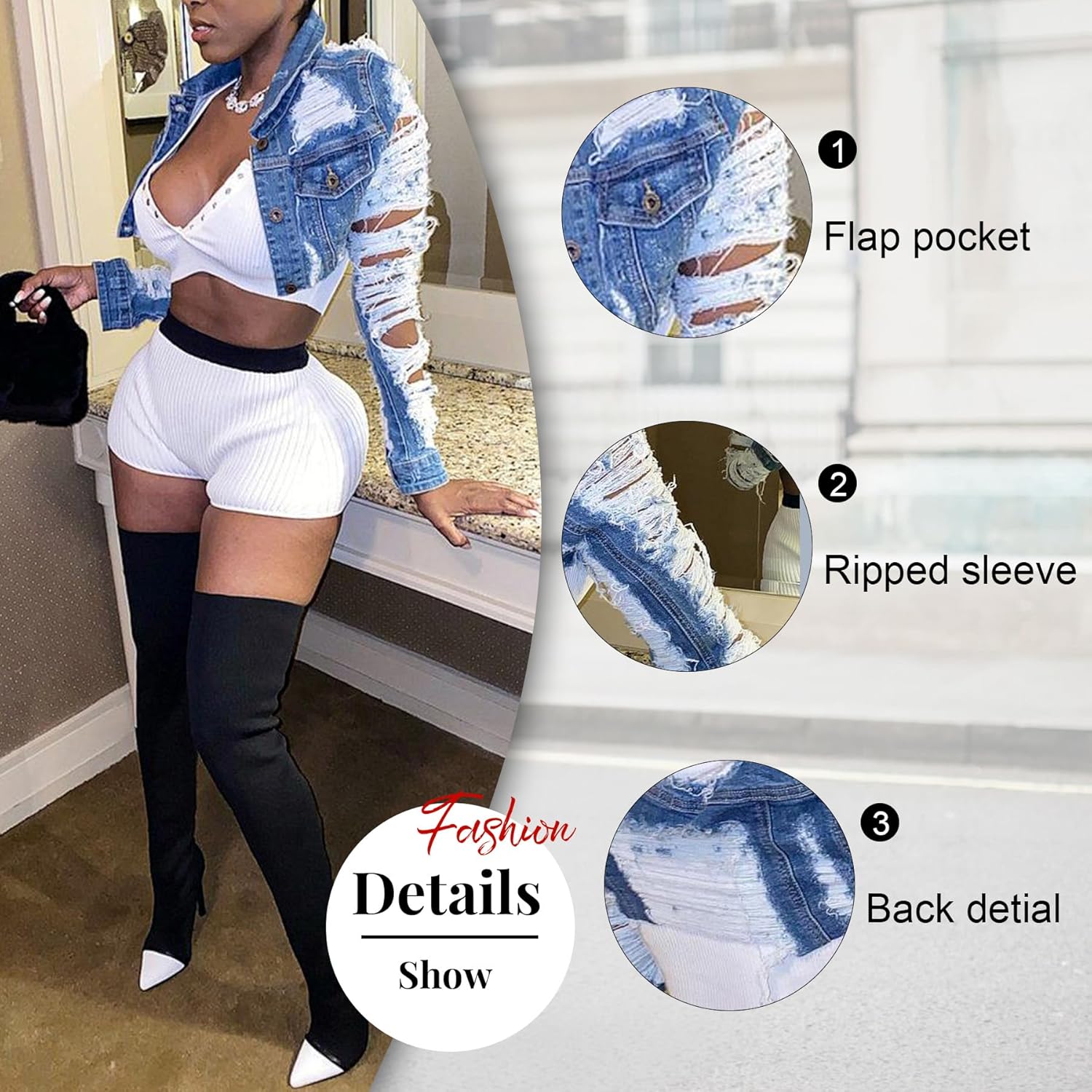 Voghtic Women Sexy Ripped Denim Jackets Lapel Button Down Short Crop Top Jeans Coat - Image 5