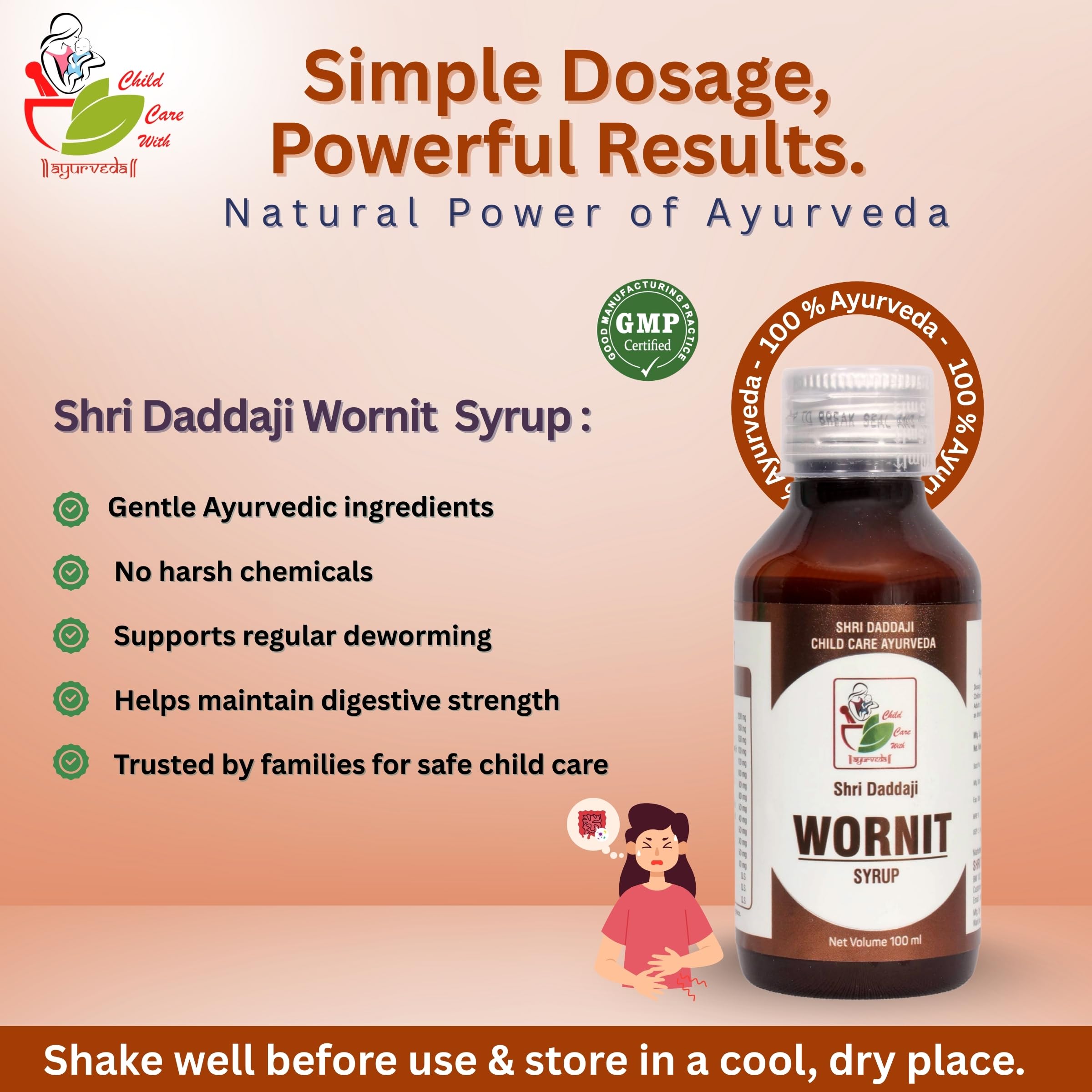 Shri Daddaji Wornit Syrup for Kids – Ayurvedic Deworming Tonic | Relief from Stomach Worms, Gas, Indigestion & Poor Appetite | Digestive Health Support | Safe for Children | 100 ml - Image 3 thumbnail