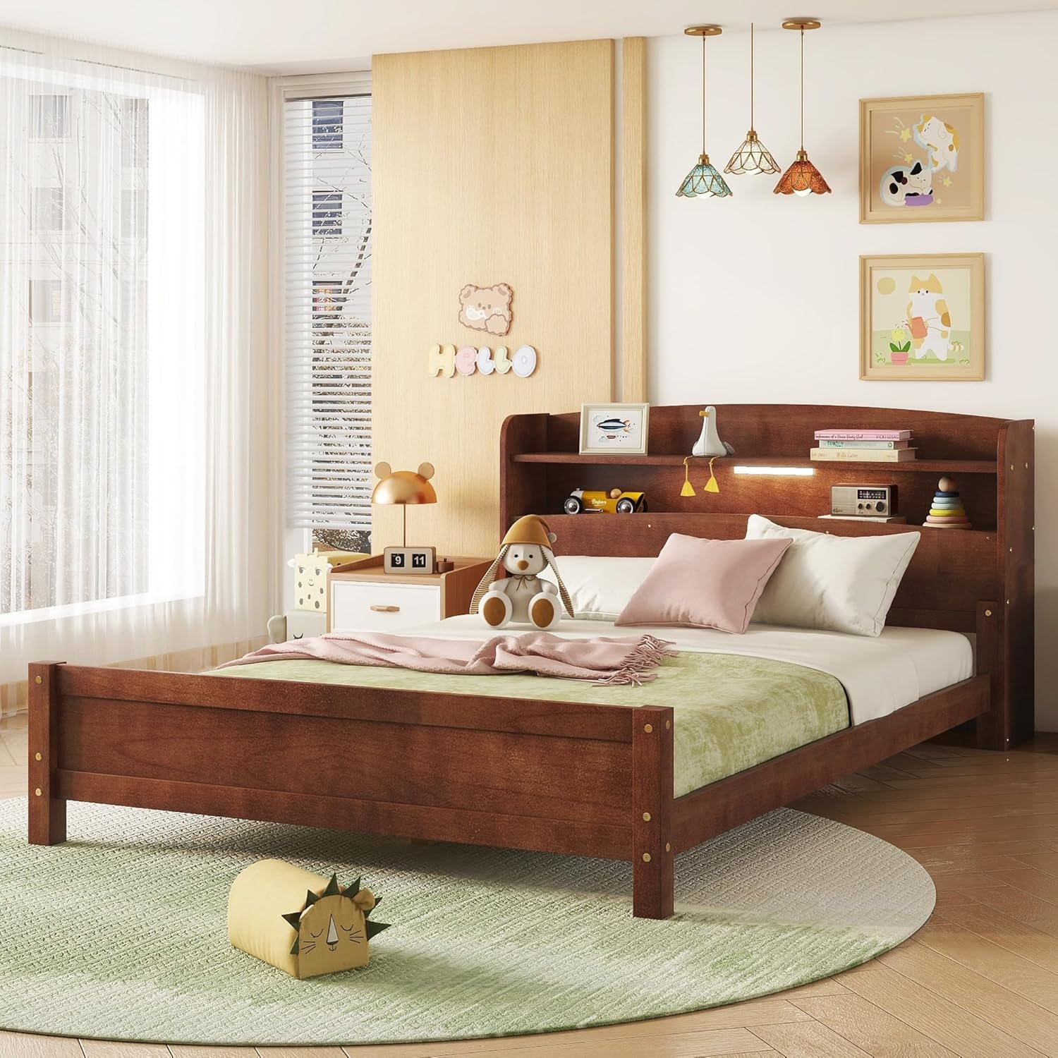 Mirightone Kids Full Size Bed Frame with Storage Headboard, Full Bed with Detachable Rails and LED Motion Sensor Lights, Wood Low Platform Bed for Girls Boys Teens, No Box Spring Needed, Walnuts