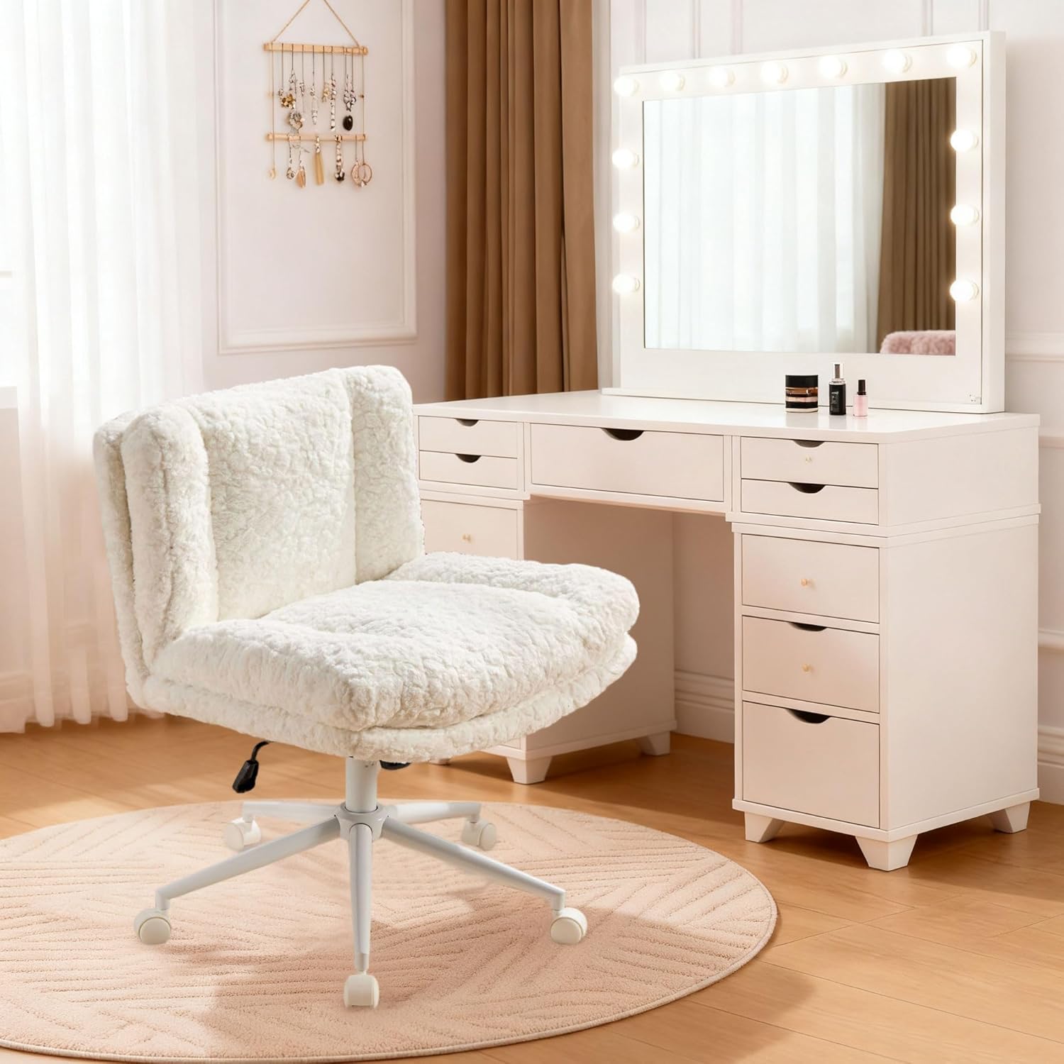 26.4" Wide Beige Vanity Chair, Make Up Chair with Back and Wheels, for Bedroom, Home Office, Cute Faux Rabbit Hair