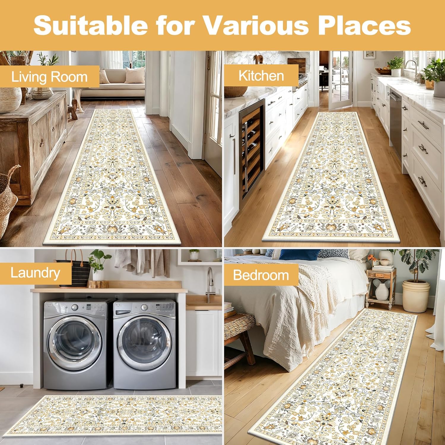 LOKHOM Washable Runner Rug, 2x8 Non-Slip Vintage Hallway Runner Rug with Rubber Backing, Boho Floral Soft Faux Wool Kitchen Rug Carpet Runner for Laundry Entryway Bedroom (Rice Orange)