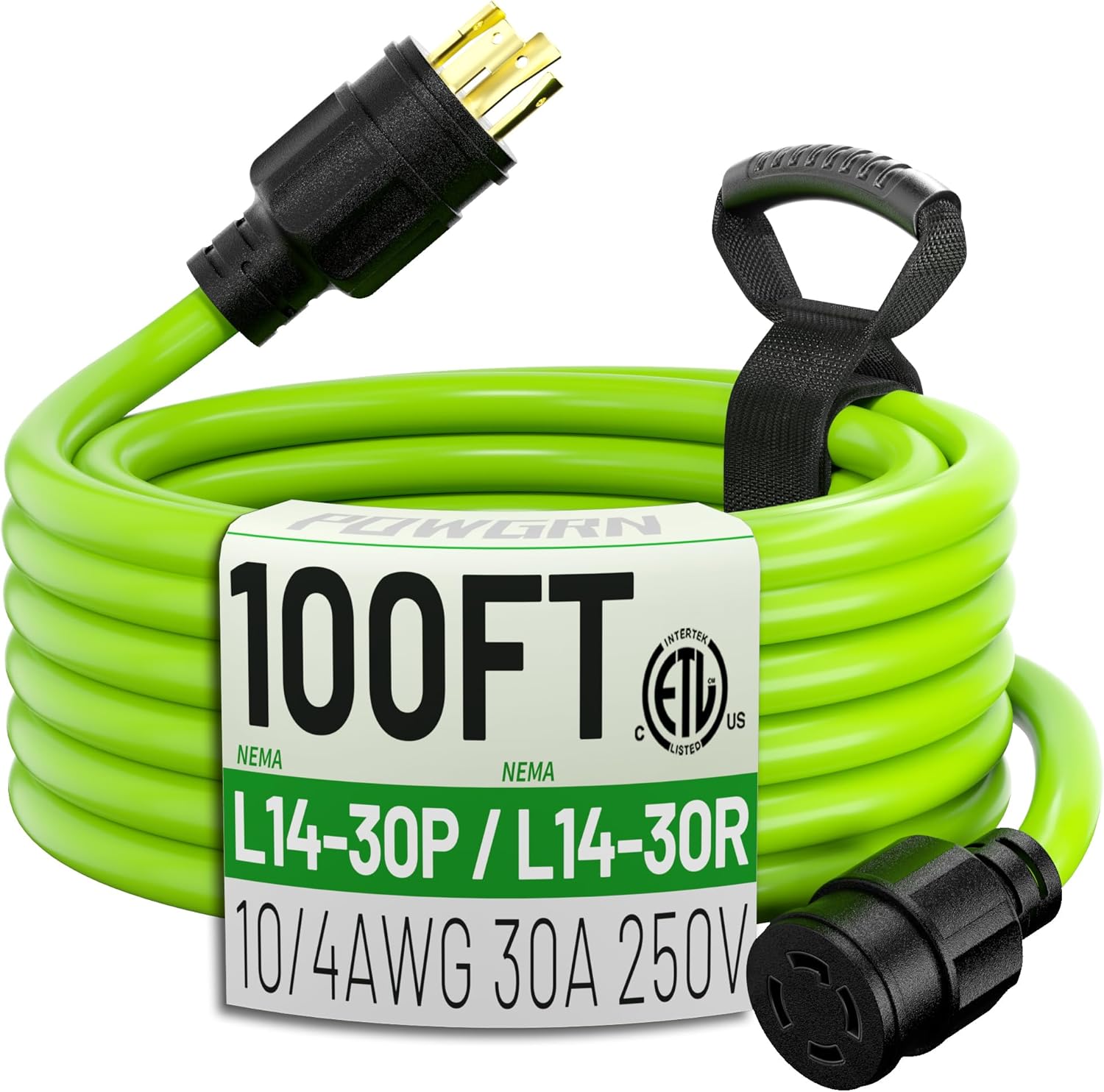 100Feet 30 Amp Generator Extension Cord 4 Prong,Heavy Duty NEMA L14-30P/L14-30R,125/250V 7500W,Green 10 Gauge STW Twist Locking Generator to House Power Cords with Cord Organizer,ETL Listed