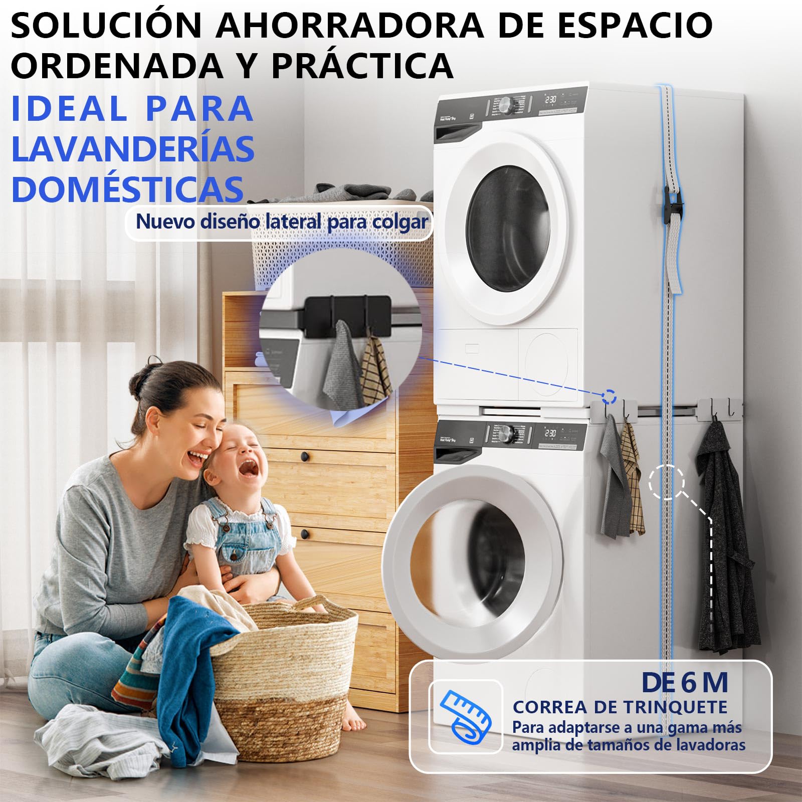 Slimline - Kit de apilamiento para Lavadora y Secadora, Marco Universal para electrodomésticos de 45-68 cm, diseño Que Ahorra Espacio con Correa de trinquete y 4 Ganchos multifunción (Blanco)